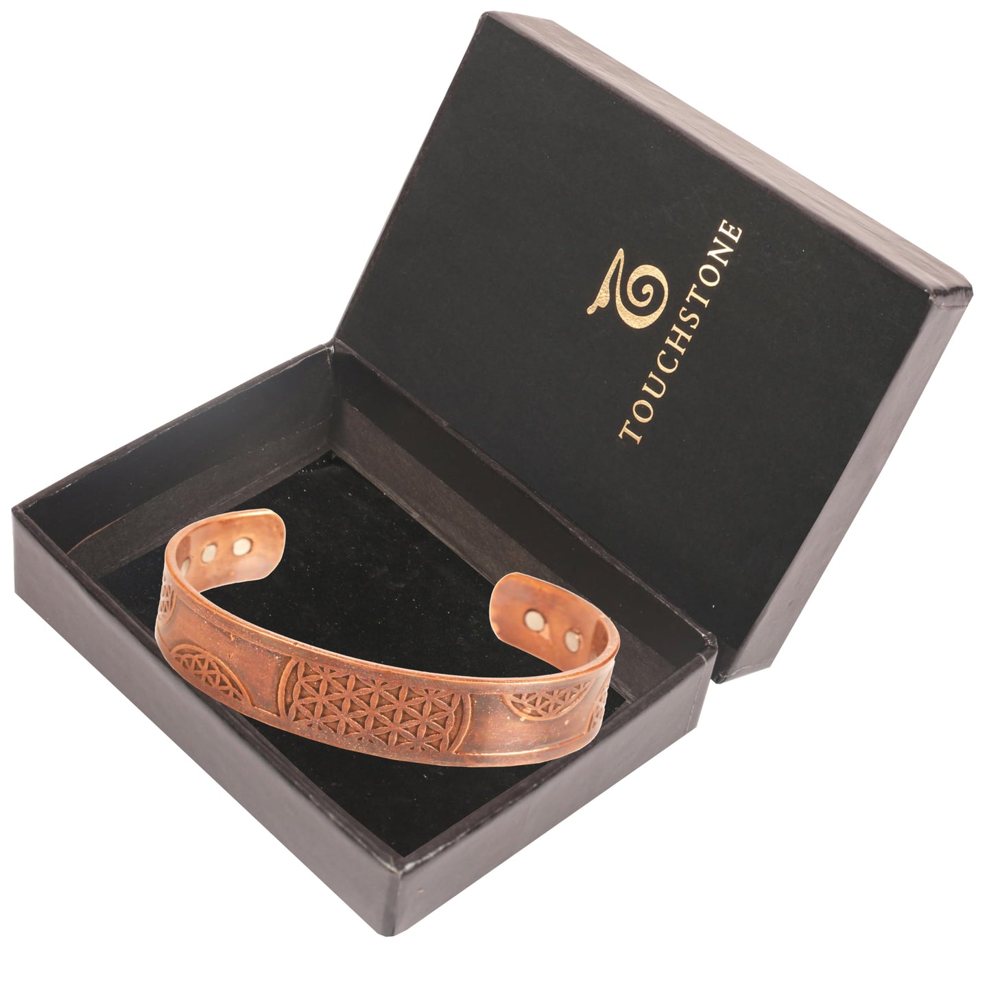 Touchstone handcrafted magnetic copper bracelet. Hand forged with solid and high gauge Tibetan style engraved cuff pure copper jewelry for women men. Exotic Celtic Design.