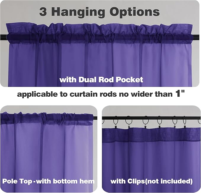 Chyhomenyc Purple Sheer Curtains 45 Inch Long 2 Panels, Light Filtering Rod Pocket Voile Short Curtains Drapes for Living Room Bedroom Small Windows, 42Wx45L Inches