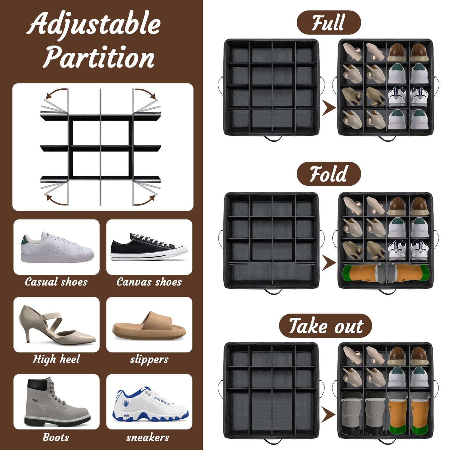 PAKISOU Shoe Storage Organizer, Fits 16 Pairs, Closet Shoe Box with Adjustable Dividers & Transparent Lid, Foldable Fabric Shoe Container with Handles for Space-Saving Shoe Storage (Black)