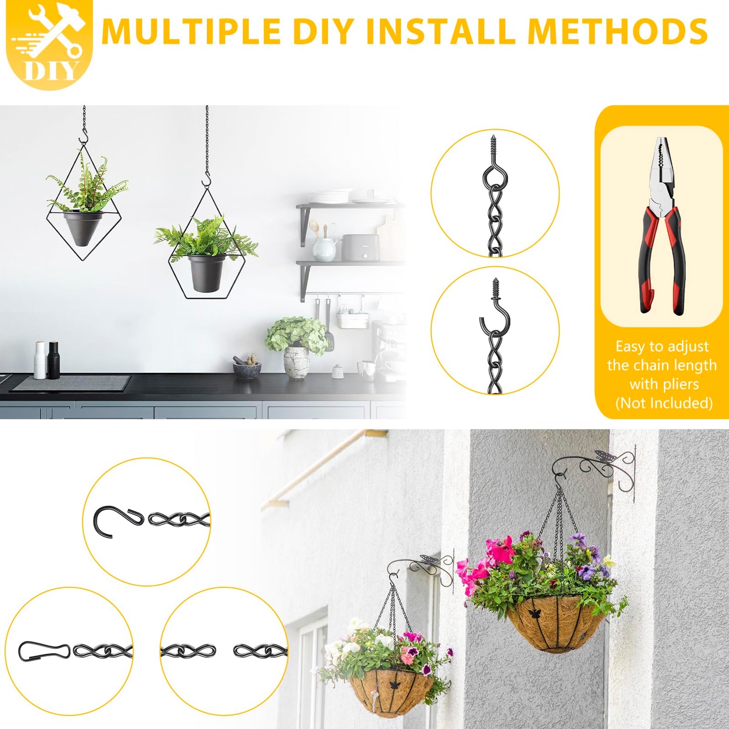 garini Hanging Basket Chain,200 Inch Metal Black Hanging Chain with S Hooks for Hanging Plants, Photo, Lantern, Billboards and Planters