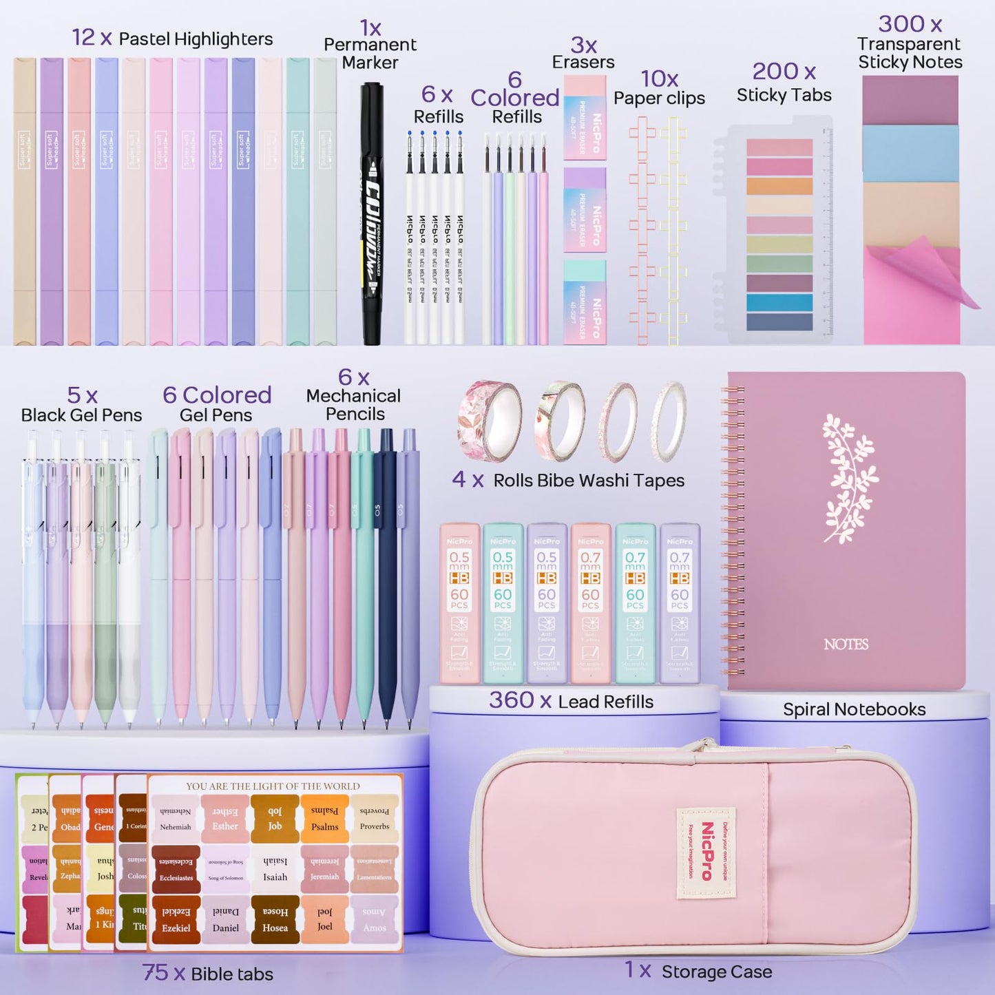 Nicpro Bible Journaling Kit, 76PCS Bible Study Supplies with Pen Case, Notes & Tabs, No Bleed Highlighter Pens, Bible Journal Accessories, Cute Spiral Notebook Stationary Set for Women Christian Gifts