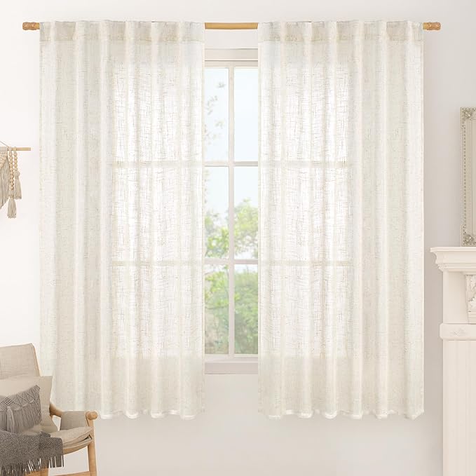 LAMIT Cream Linen Curtains 63 Inch for Bedroom, Light Filtering Neutral Semi Sheer Window Boho Curtains Back Tab and Rod Pocket Panels for Living Room, 2 Panels, 52 x 63 Inch