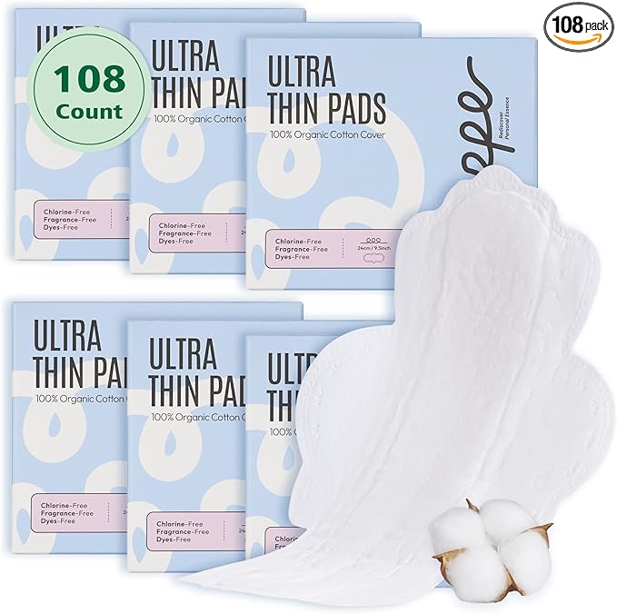 100% Organic Pads for Women, Ultra Thin Feminine Pads with Wings, Unscented Period Pads, Regular Absorbency Sanitary Pads, Organic Cotton Pads Menstrual (Regular, Size 3, 108 Count)