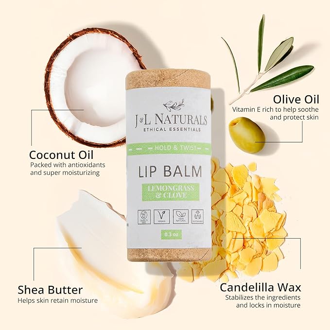 J&L Naturals Sustainable Lip Balm | Organic Ingredients, 100% Natural, Eco-Friendly | Cruelty Free, Vegan, Paraben Free, Silicone Free (Lemongrass & Clove, 5-Piece Bundle)