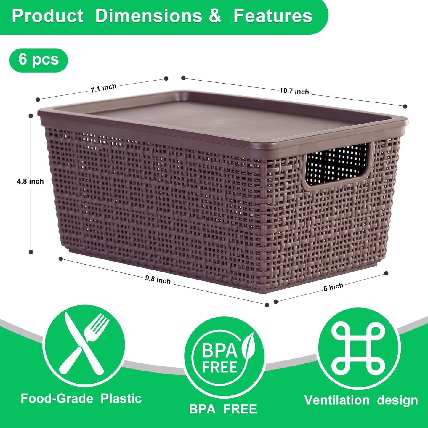 WRRLORS 6 Pack Plastic Storage Baskets With Lids,Brown Breathable Stackable Storage Bins,Small Storage Containers,for Organizing Storage Baskets on Desktops,Closets,Playrooms,Classrooms,Offices