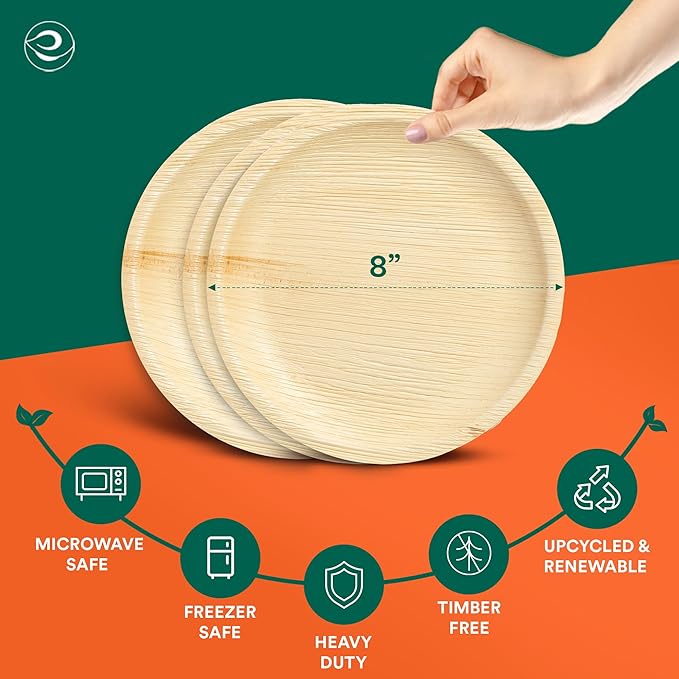 ECO SOUL 8 Inch Disposable Palm Leaf Plates [200 Pack] Premium Food-Safe Heavy Duty Compostable Bamboo Paper Plates for Lunch, Dinner, Birthday, Weddings, Party, Camping & Catering Events [Round]