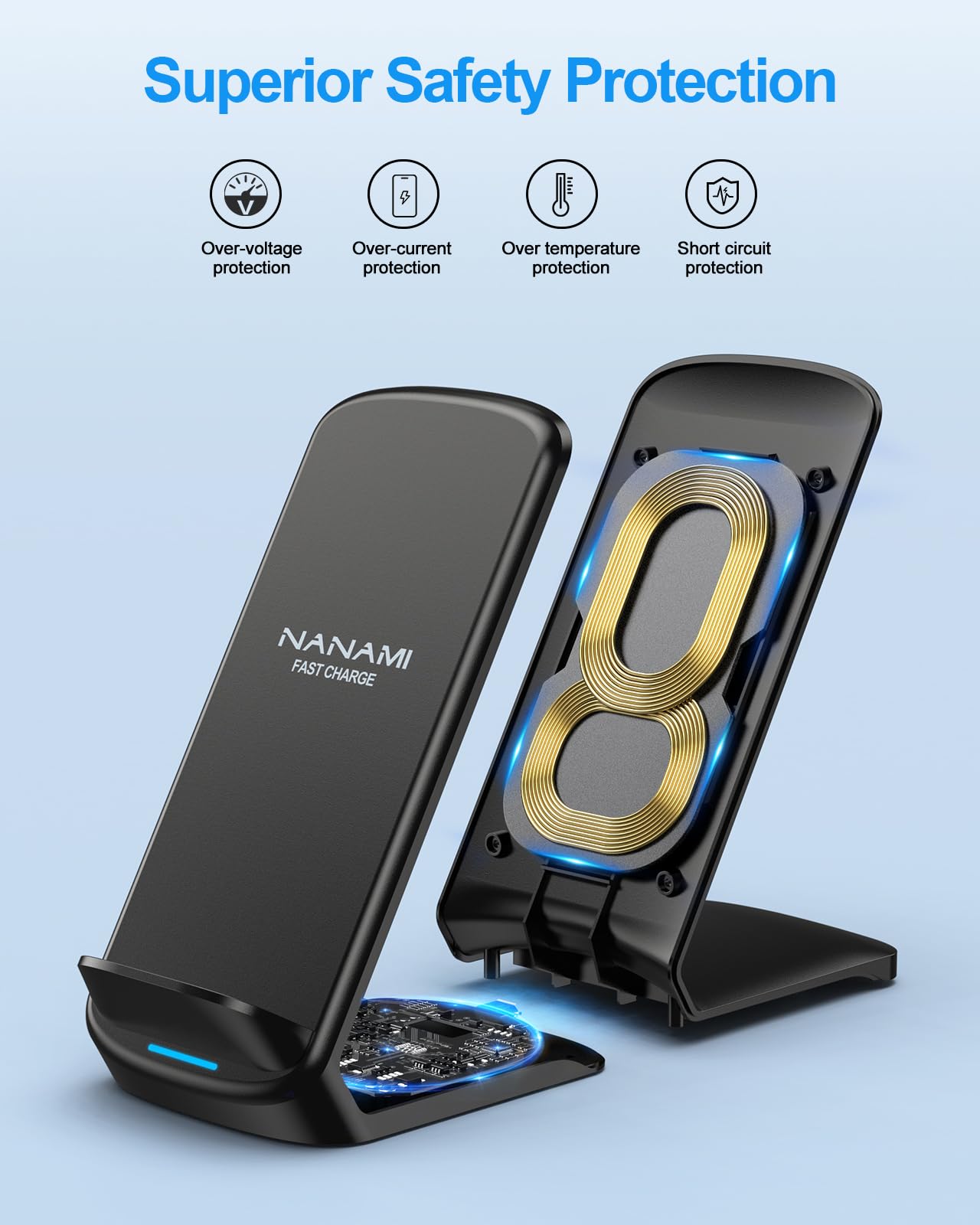NANAMI Upgraded Fast Wireless Charger, Wireless Charging Stand Compatible with Samsung Galaxy S26/S26+/S25/S24/S23/S22/S21 & Phone Charger Dock for iPhone 17/17 Air/16/16 Plus/16 Pro/15/14/13/12