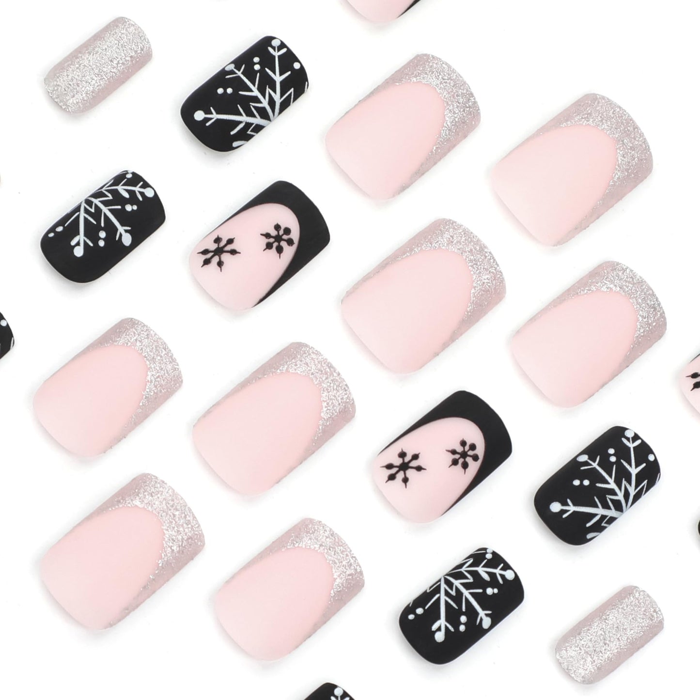 Snowflake Press on Nails Medium Square Fake Nails Black French Tip Nails Press ons Silver Glitter Acrylic Nails Short Stick on Nails Snowflake Glue on Nails for Women Girls 24Pcs