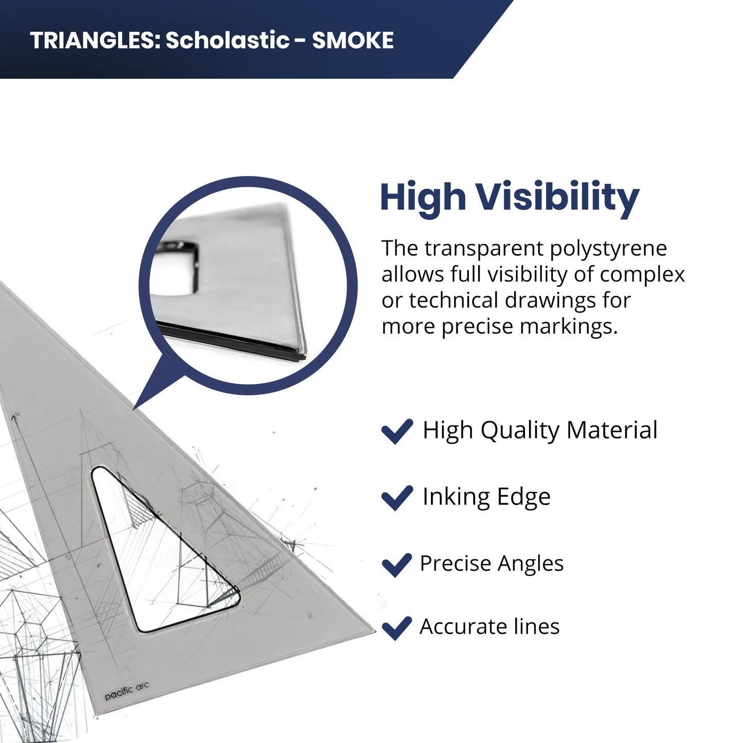 Pacific Arc's Scholastic Triangle - 6 inch - Smoke - 40/90 Angle - Polystyrene - Inking Edge - Technical Drawing Tools, Drafting, Architect and Engineering.