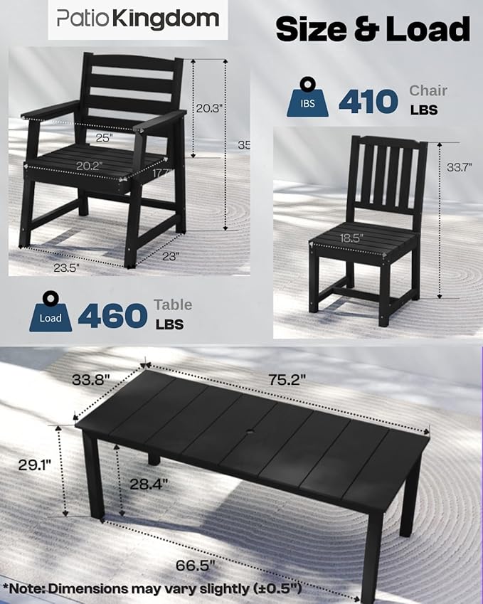 5-Piece Black Outdoor Dining Set for 4, 75.2'' HDPE Table with Umbrella Hole & Chairs, Weather-Resistant Patio Furniture for Garden, Lawn, or Poolside