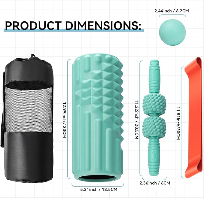 5 in 1 Foam Roller Set, Trigger Point Massage, Muscle Roller Stick, Massage Ball, Resistance Band for Deep Tissue Fitness Exercise Yoga Pilates (Tiffany Green)