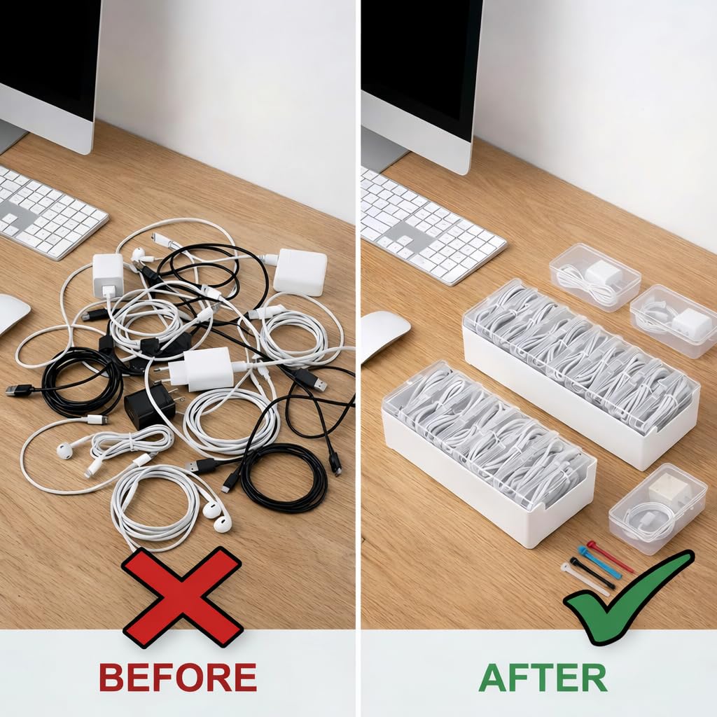 2 Pack Cable Organizer Box Set with 7 and 11 Clear Cases for Charging Cables, Chargers, Earphones and Small Accessories, Includes Cable Ties and Labels for Home, Desk and Drawer