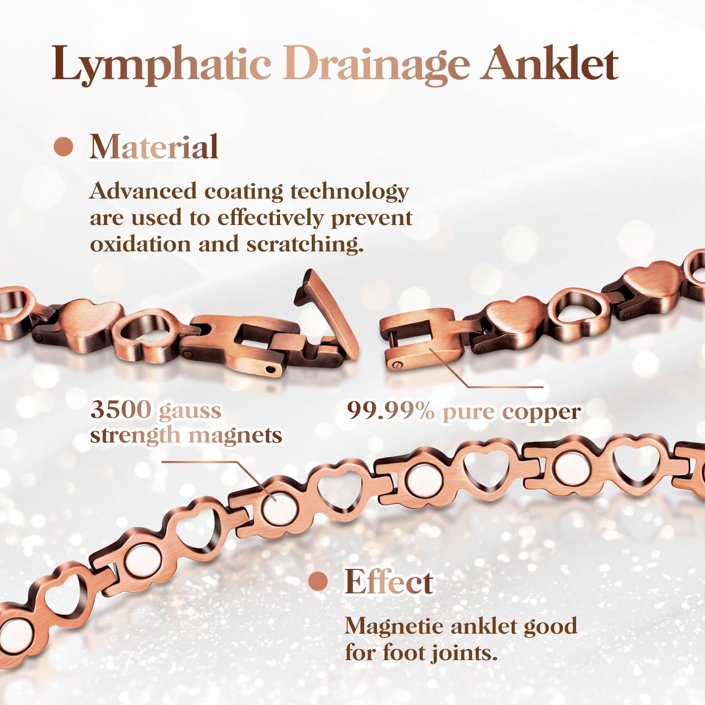 Copper Anklet for Women Magnetic Ankle & Lymphatic Drainage Ring with 3500 Gauss Magnets 100% Solid Pure Copper Jewelry Gift with Adjustment Tool(Heart Degisn)