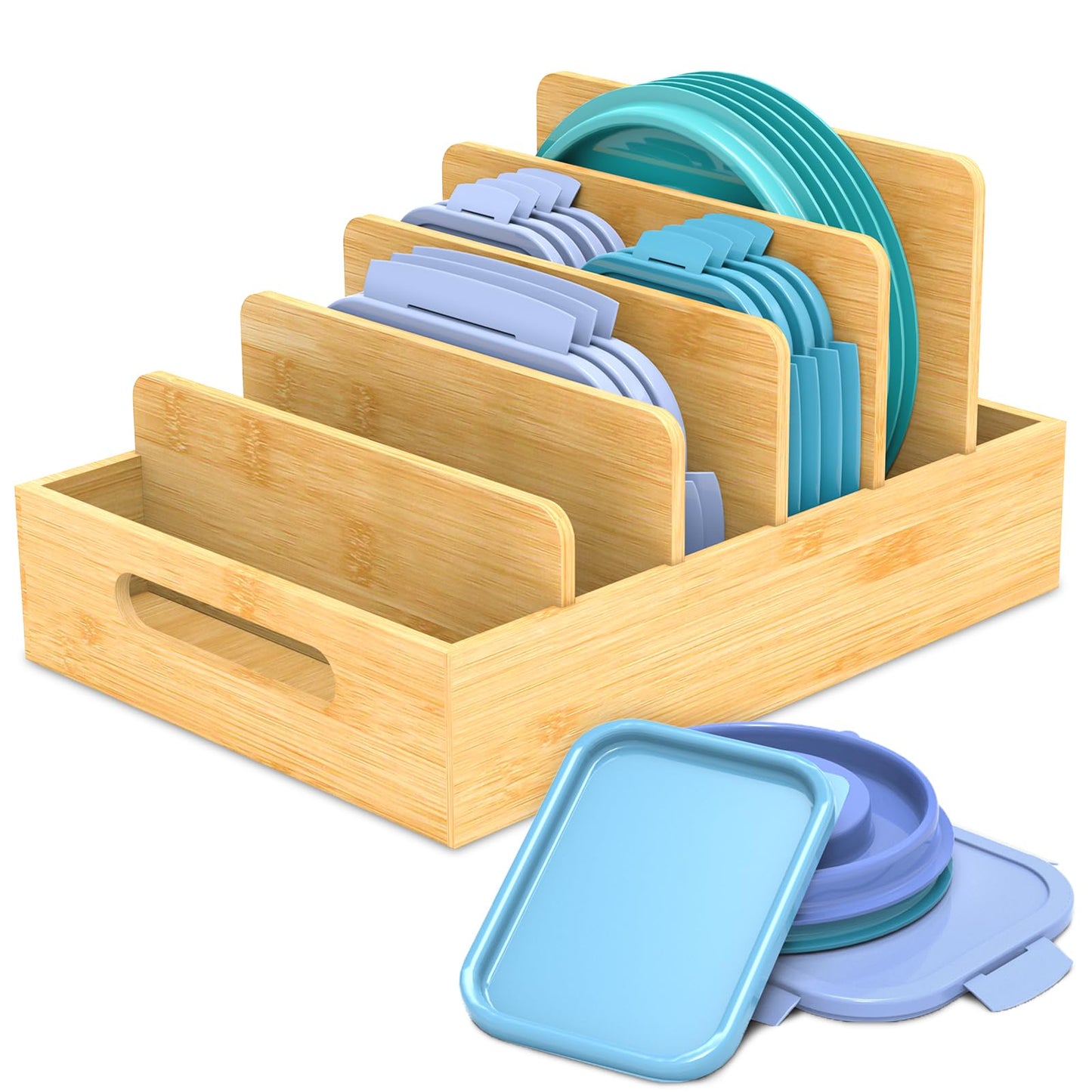 Retro Shaw Bamboo Food Container Lid Organizer with Adjustable Dividers for Cabinet, Lid Organizer for Plastic Lids and Covers Kitchen Storage and Organization