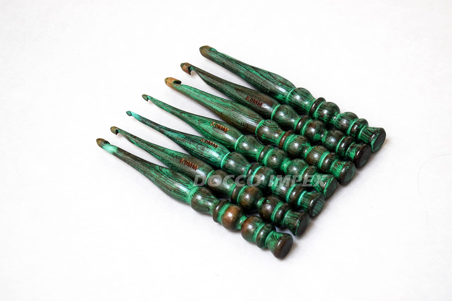 Handmade Ergonomic Wooden Crochet Hooks for Arthritic Hands (Set of 7) Needles for Yarn Accessories | Size 4 mm to 10 mm with Engraved | Yarn Tool (Green)