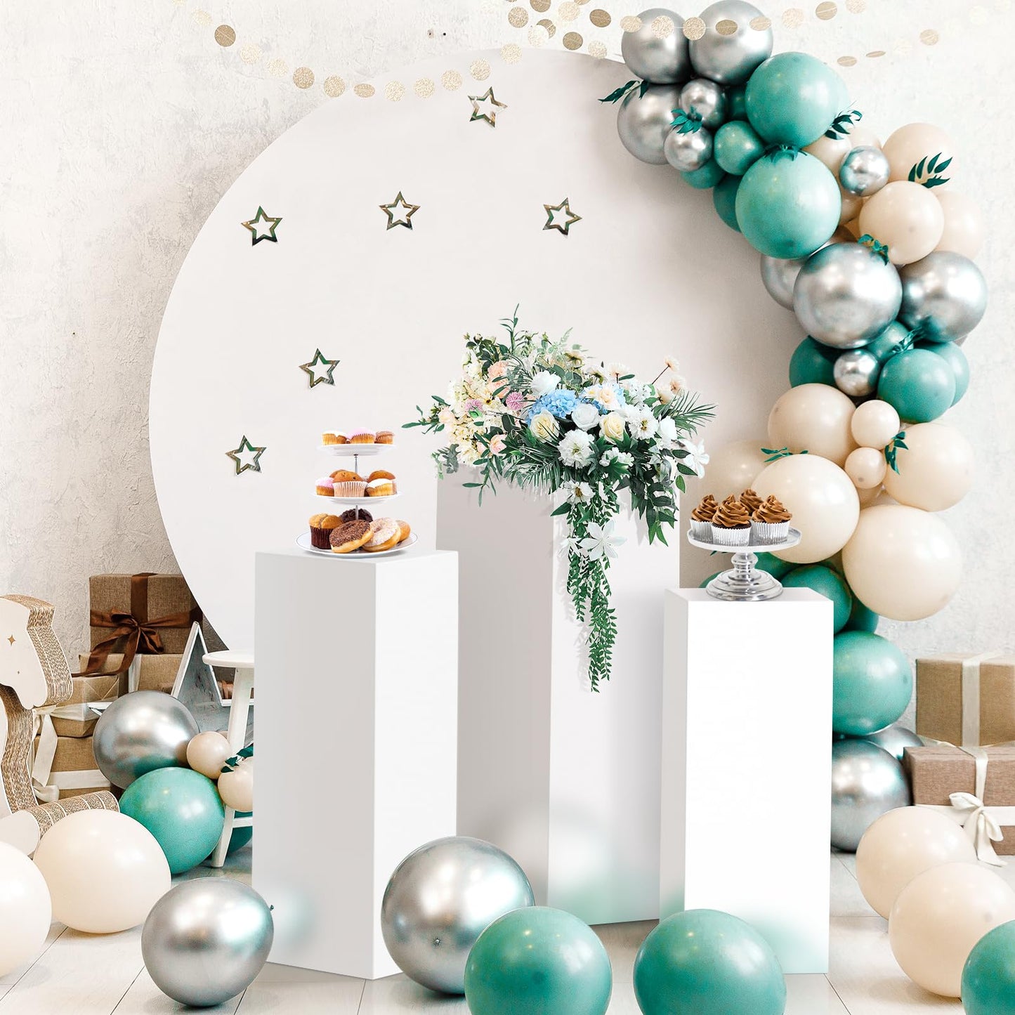 Baotree 3Pcs Square Pedestal Stands for Party, Metal Display Plinth Pillars for Wedding Ceremony Birthday Party Art Decor--23.6*9.4''(L), 21.7*8.3''(M), 19.7*7.1''(S)