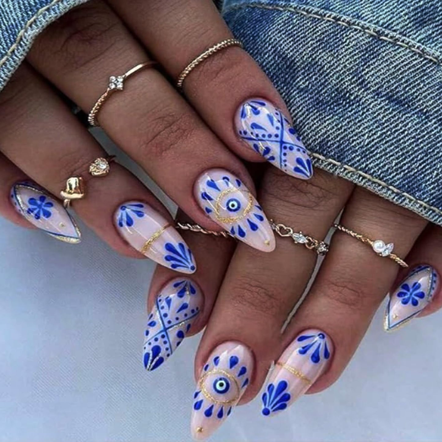 FJSMTOPl Almond Press on Nails - Boho Fake Nails Press ons - with Designs Blue False Nails - Acrylic Glue on Nails - Artificial Stick on Nails - for Women Manicure 24Pcs