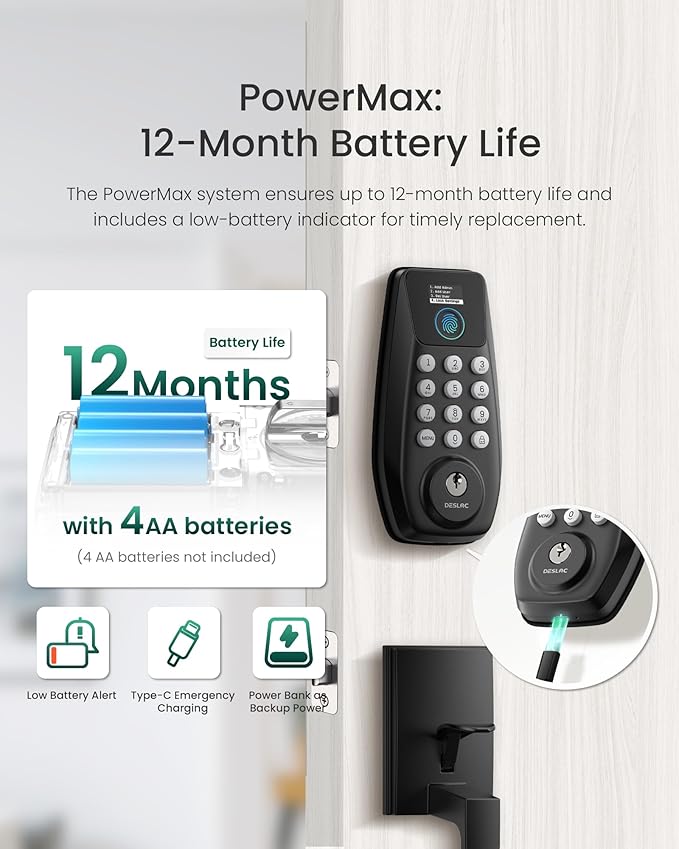 DESLOC C110 Keyless Entry Door Lock with Handle Set&Display (Smart Screen), Fingerprint Door Locks, Keypad Deadbolt, Auto-Lock, Backlit Keys, Passage Mode, IP54 Waterproof