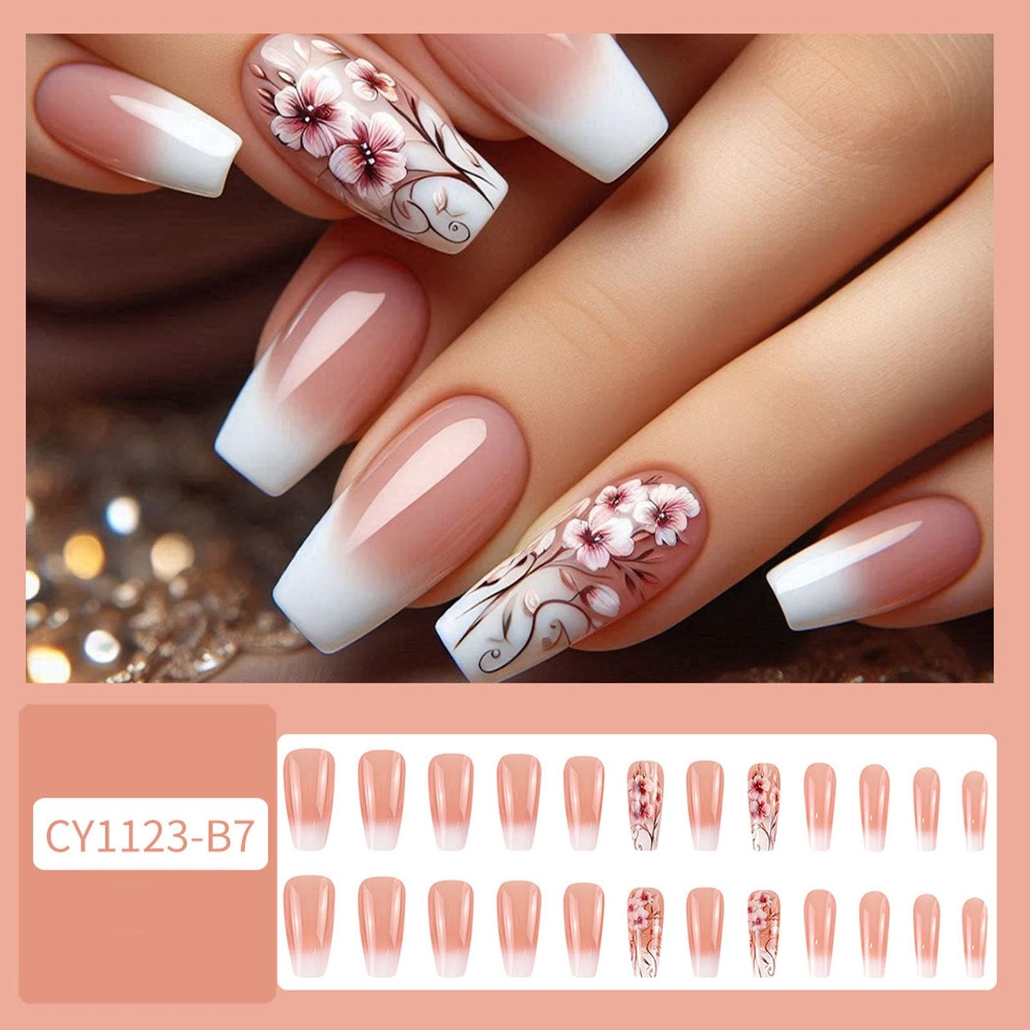 Ombre Press on Nails Medium Fake Nails with Flower Designs Gradient Acrylic Nails Press ons Glossy False Nails Pink Ombre Coffin Glue Stick on Nails for Women 24 Pcs