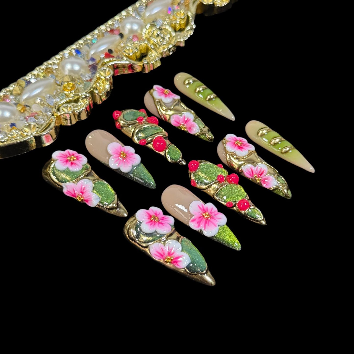 Handmade Luxury Floral Press On Nails, Long Stiletto 3D Pink Petals & Emerald Green Glitter Ombre, Gold Foil Acrylic Reusable False Nails Elven Forest (M)
