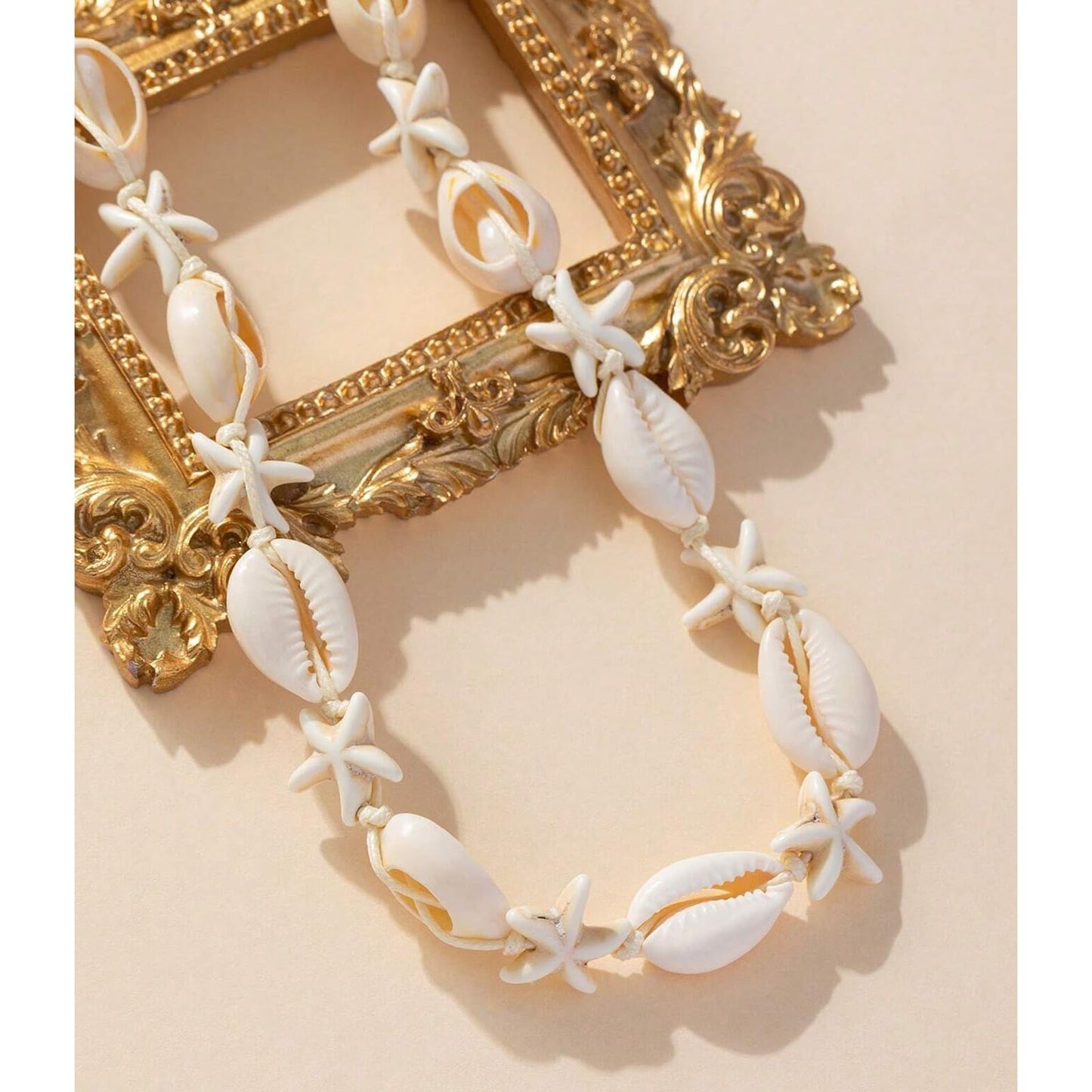 Nackiy Handmade Sea Shell Necklace Choker For Women Summer Adjustable Natural Shell Collar Necklace (Beige Shell&Starfish)