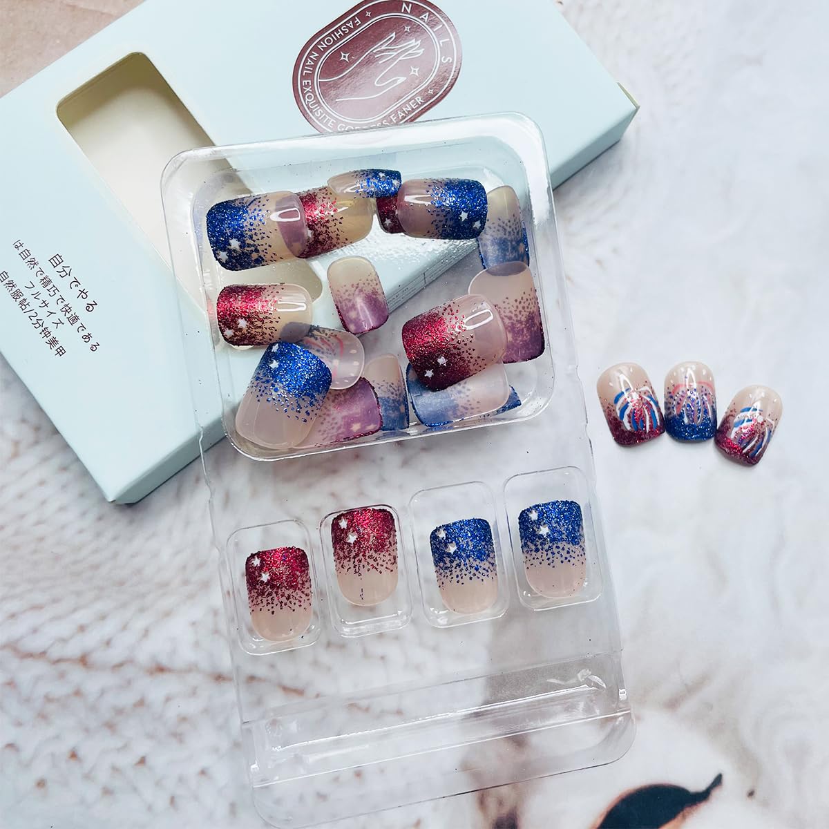 Independence Day Red Blue Glitter Firework Press on Nails Short Square 4th of July Fake Nails with Designs Bling Acrylic Nails Reusable Full Cover False Nails French Tips Glue on Nails for Women 24Pcs