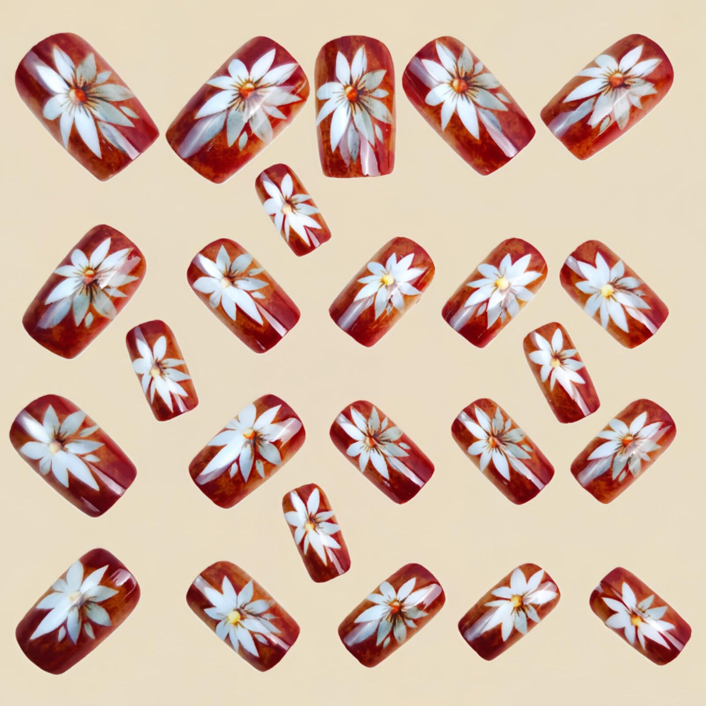Medium Square Nails Burgundy Base Silver Bouquet Decoration Gold Stripes Glue on Nails Suitable for Manicure Artificial Nails Spring Fresh Style Elegant Shiny Delicate 24 Pcs