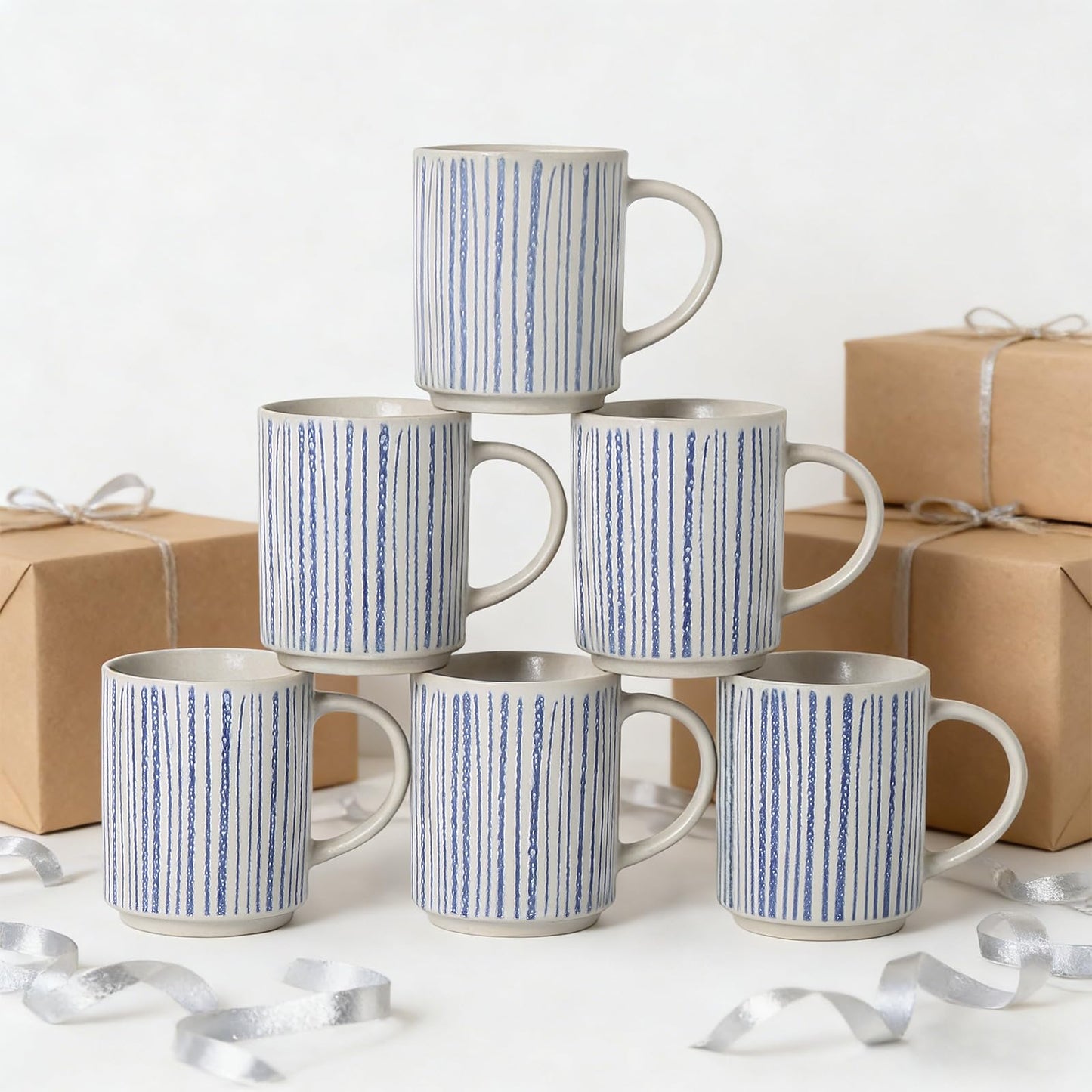 ALOFMO Ceramic Mugs Set of 6, Modern 17oz Coffee Mugs, Stackable Coffee Cups with Handpainted Blue Stripe Pattern, Dishwasher and Microwave Safe Mugs for Home & Office