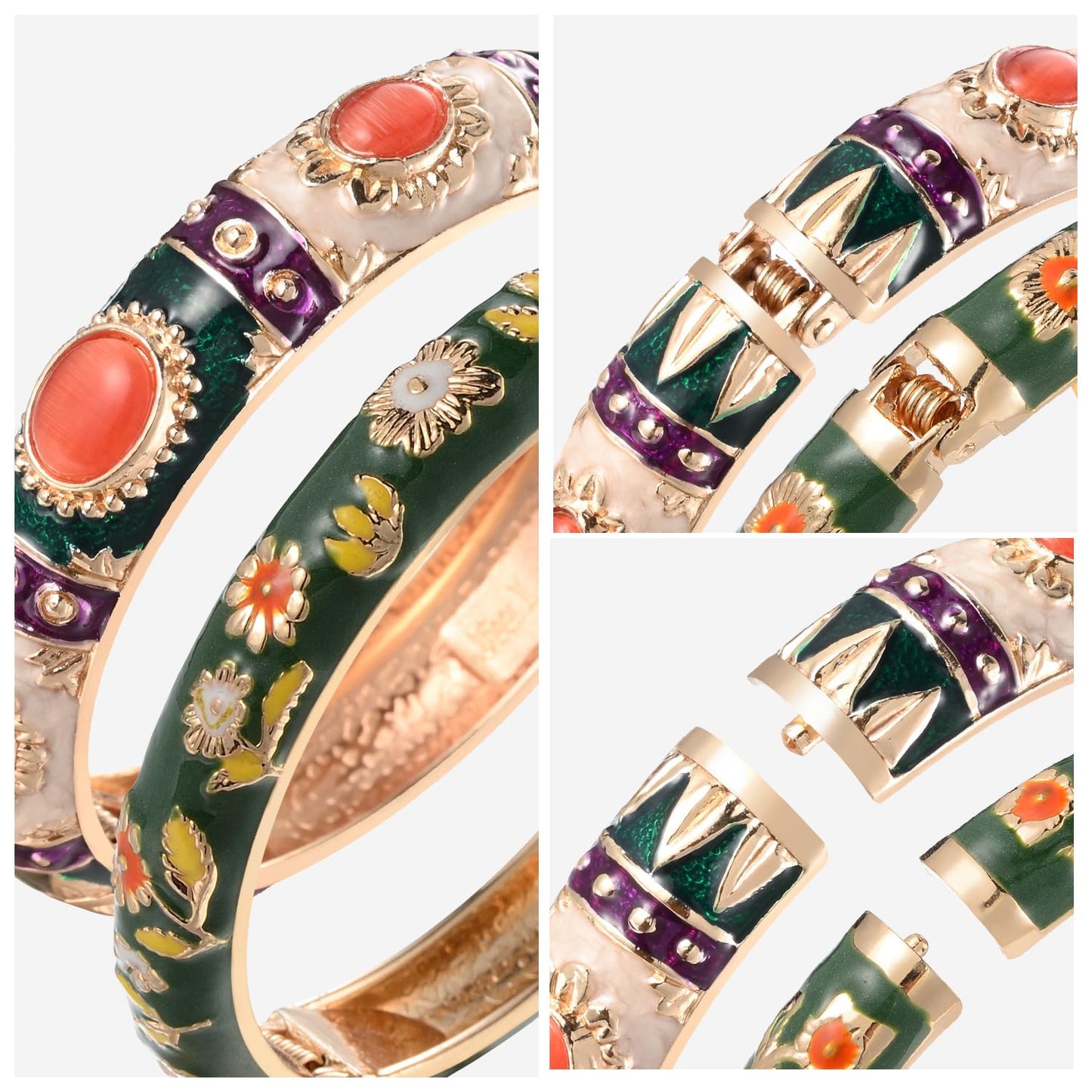 UJOY Cloisonne Couple Colors Bracelets Sunflower Enameled Spring Hinged Cuff Bangles Womens Gifts Jewelry 7735-55A18 Cream Green