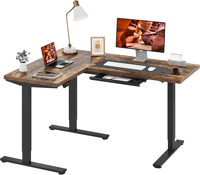 L-Shaped Standing Desk, 63 x 47 Inches Height Adjustable Desk with Storage, Sit and Stand up Desks, Ergonomic Rising Computer Table for Home Office with Splice Board, Rustic Brown