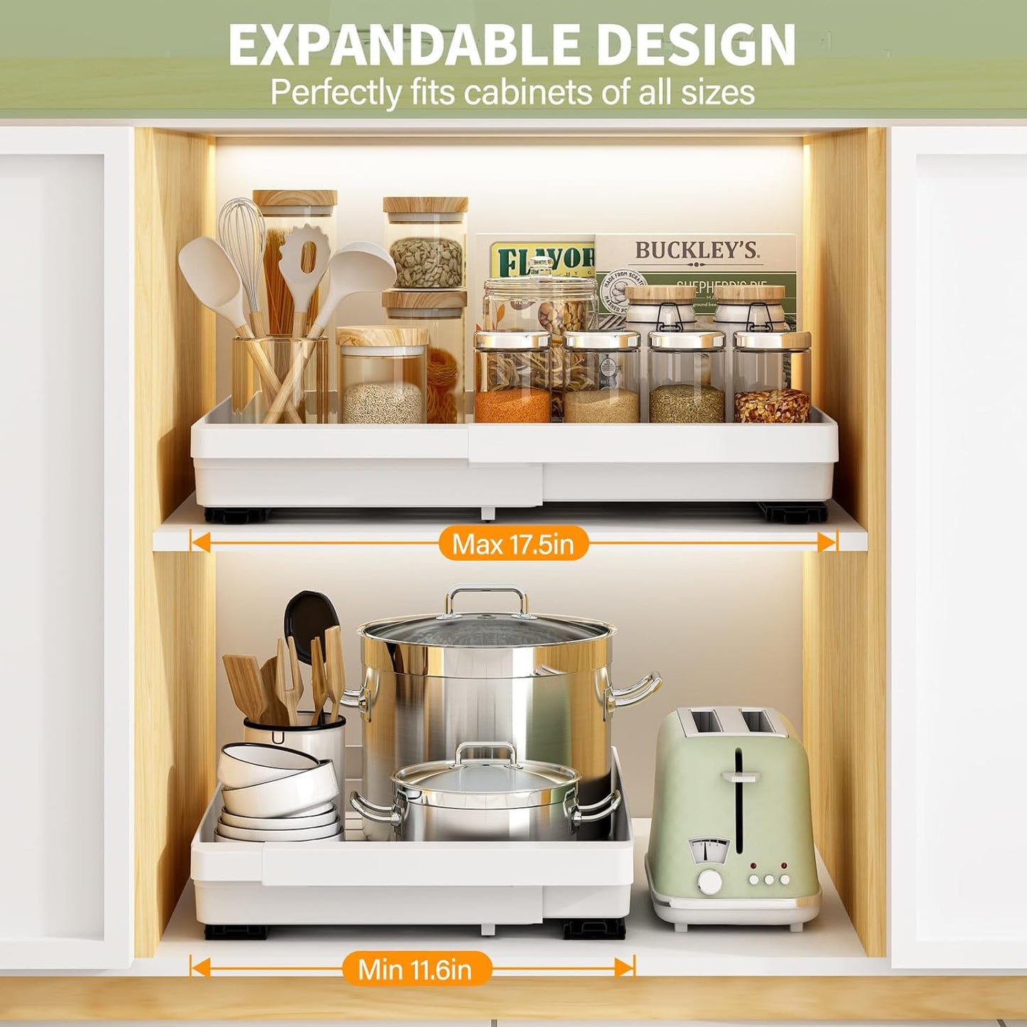 DOMNIU 2 Pack Pull Out Cabinet Organizers Expandable, Plastic Slide Out Drawers for Kitchen, Bathroom, Pantry, Under Sink Storage, Pull Out Drawers Fixed with Adhesive Nano Film (White, 11.6''-17.5'')