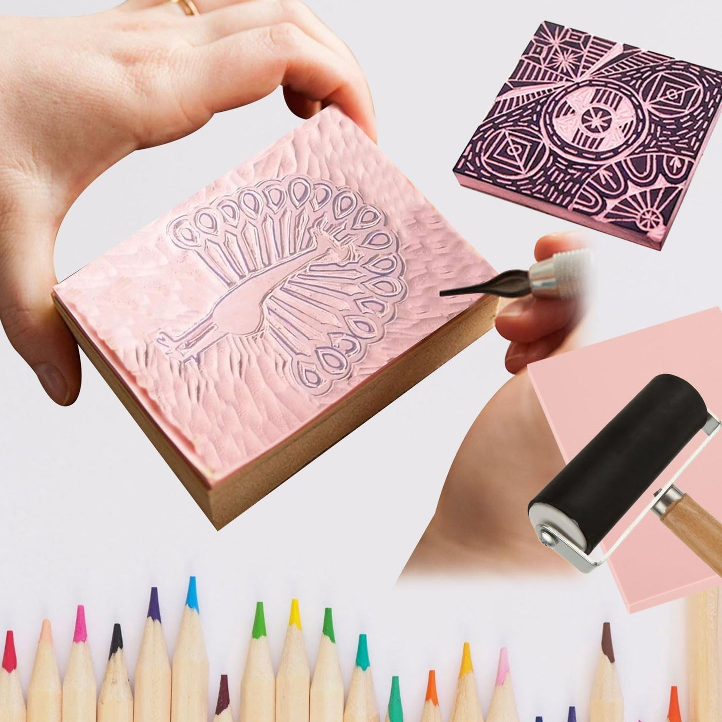DIRBUY 10 Pack Rubber Stamp Making Kit - Block Printing Kit，Linoleum Carving Tools with 8 Type Blades, 8 Pcs Pink Rubber Carving Block and Rubber Brayer Roller