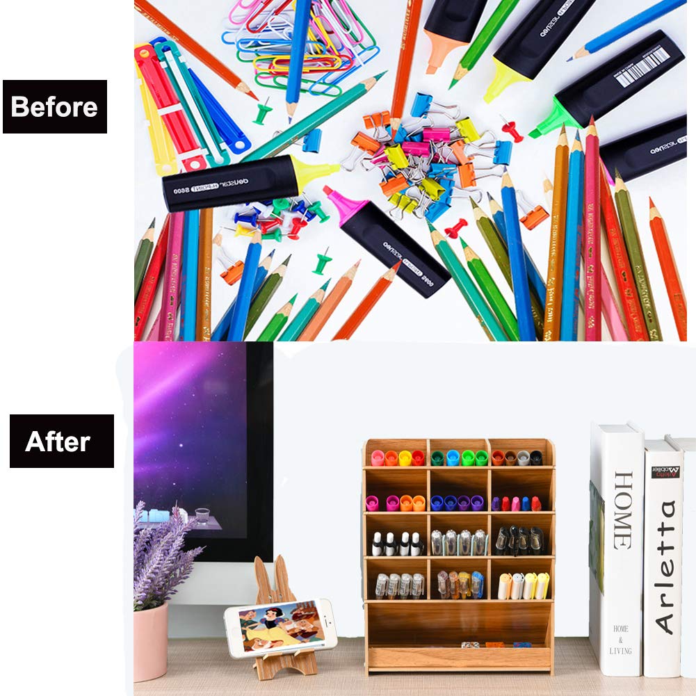 Marbrasse Wooden Pen Organizer, Multi-Functional DIY Pen Holder Box, Desktop Stationary, Easy Assembly, Home Office Art Supplies Organizer Storage with Drawer (B12-Cherry Color)