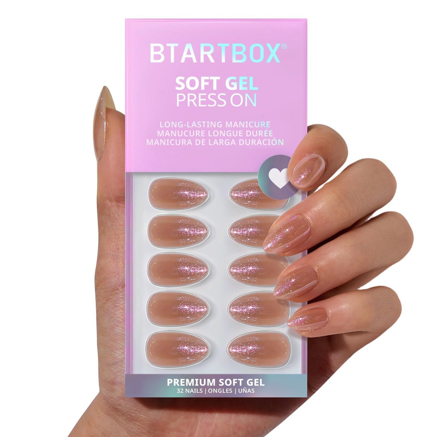 BTArtbox Press On Nails Short - Champagne Mood, Easy-to-Apply Chrome Nude Almond Press On Nails with Glue and Adhesive Tabs in 16 Sizes - 32 Nails All-in-One Kit