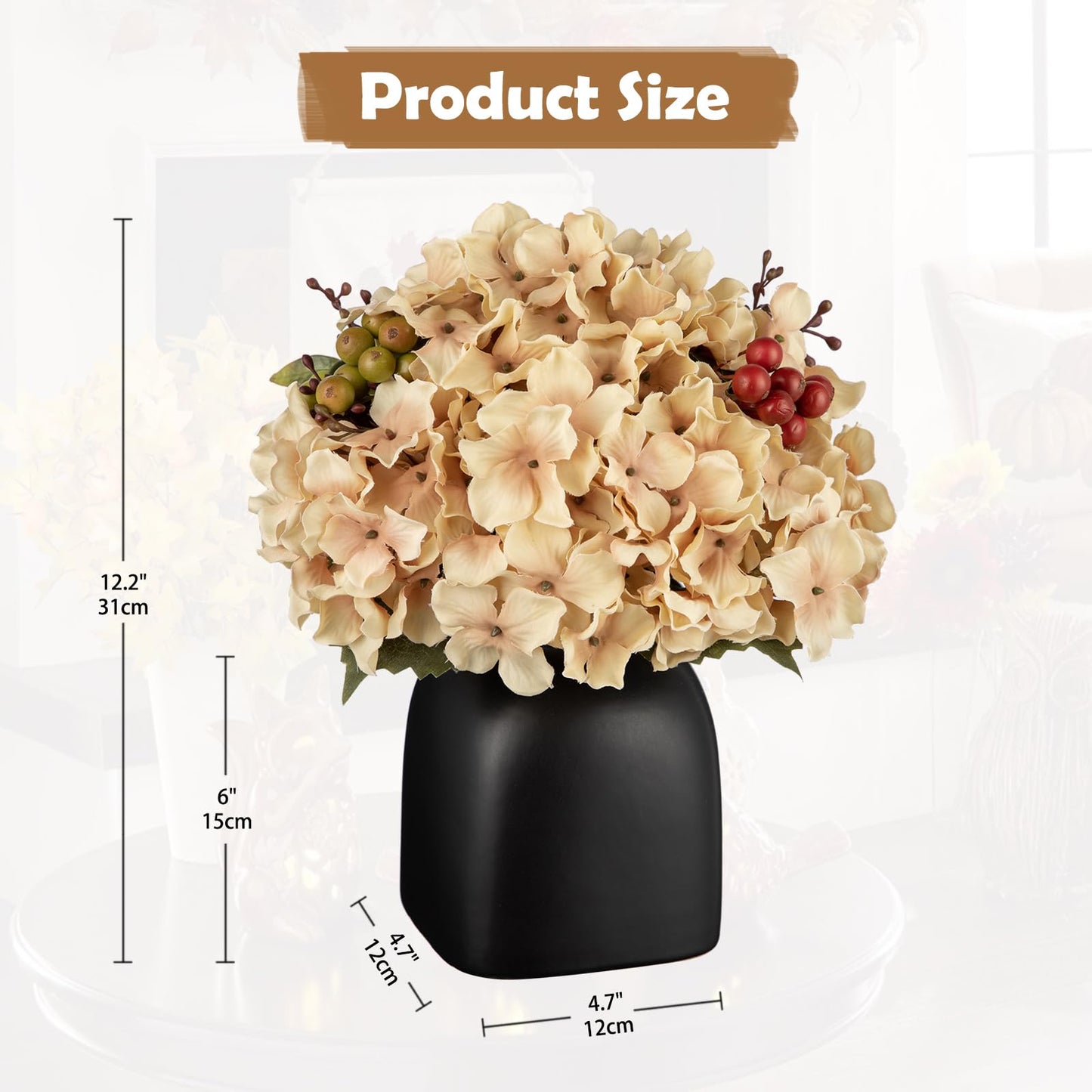 Briful Hydrangea Artificial Flowers in Ceramic Black Vase, Beige Silk Hydrangea Centerpieces for Tables, Realistic Dining Table Vase with Flowers for Farmhouse Home Decor Indoor