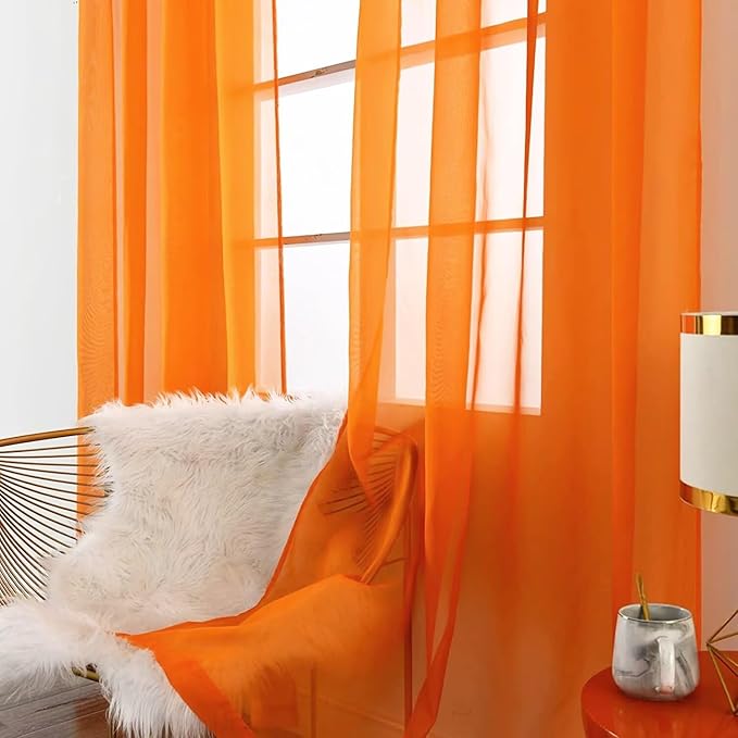SpaceDresser Orange Sheer Curtains 4 Panels Rod Pocket Semi-Sheer Curtain 108 Inches Long Light Filtering Voile Window Drapes for Bedroom Living Room Kitchen, Each 52W x 108L