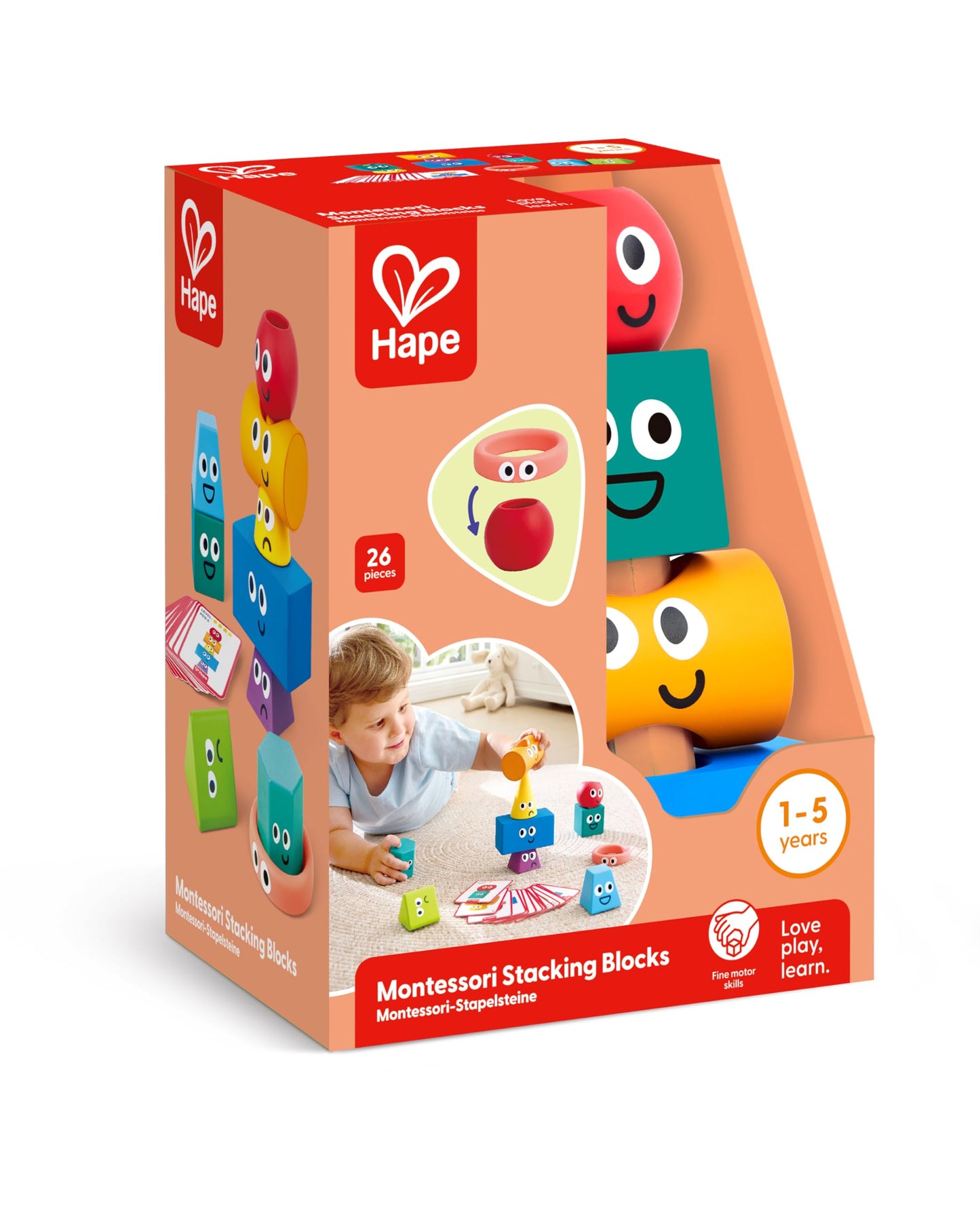 Hape Montessori Stacking Blocks - 10 Pcs Geometric Shapes & 16 Challenge Cards, Multi-Sensory STEM Toy for Toddlers 1-5, Develops Fine Motor Skills & Spatial Thinking, Silicone, Wood & Plastic