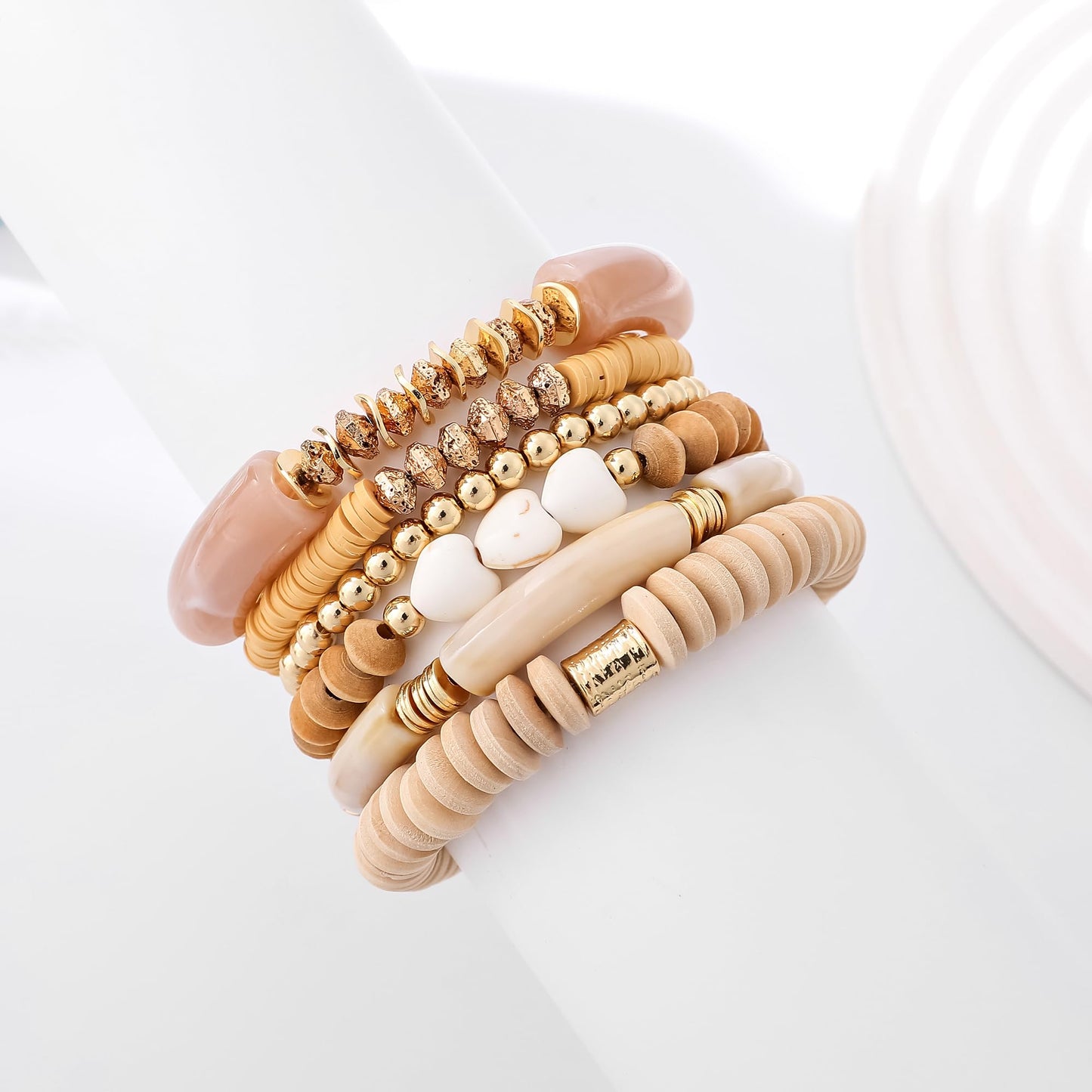 GOOJIDS Simple Beaded Gold Plated Bangles Bracelet Chunky Bamboo Tube Curved Stacking Clear Acrylic Colorful Beads Stretchable Gold Plated Bracelets Set For Women