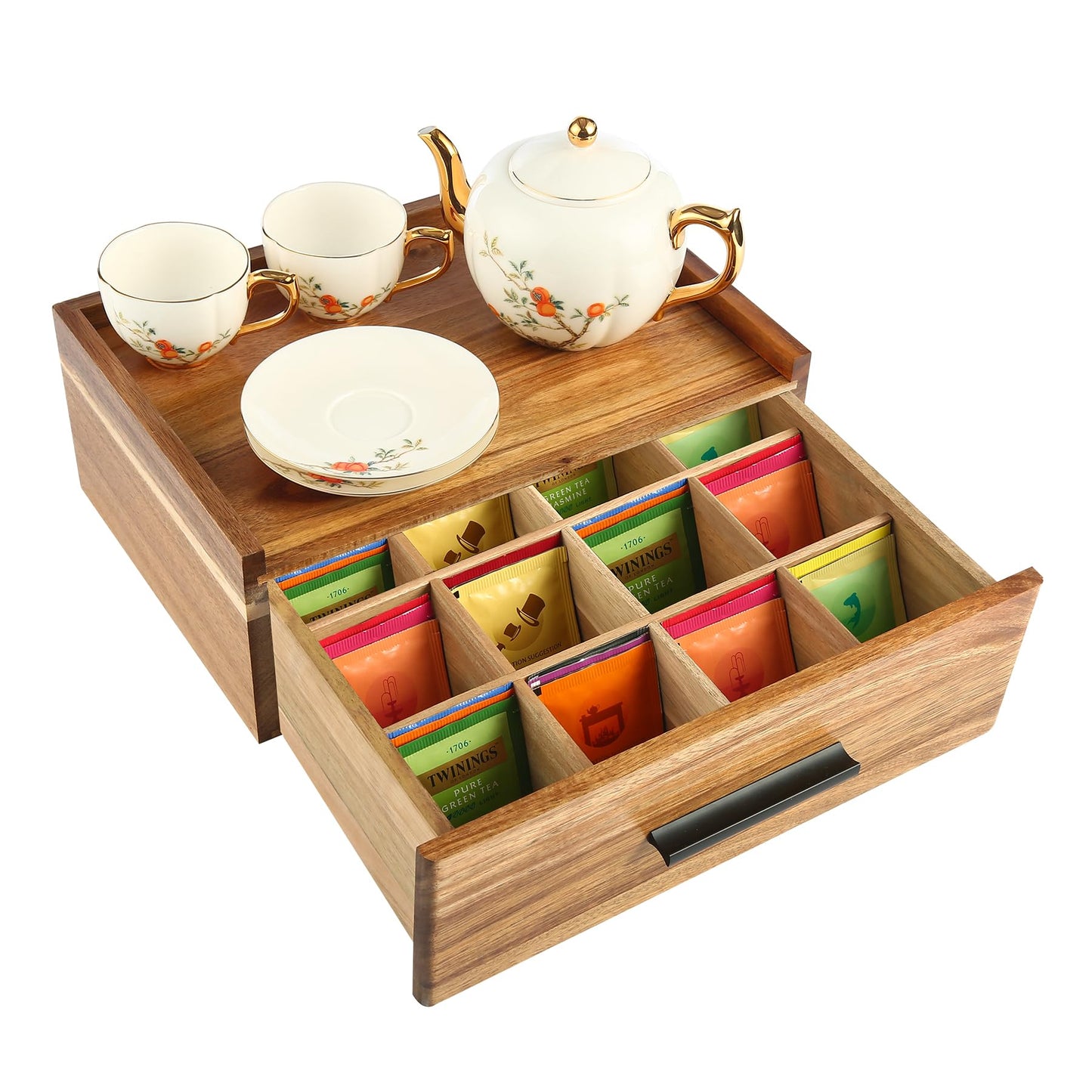 Acacia Wood Tea Bag Organizer - 12-Compartment Capacity Tea Box Organizer Storage Box with Drawer, Tea Accessories for Tea Bags Storage Drawer, Tea Station for Countertop