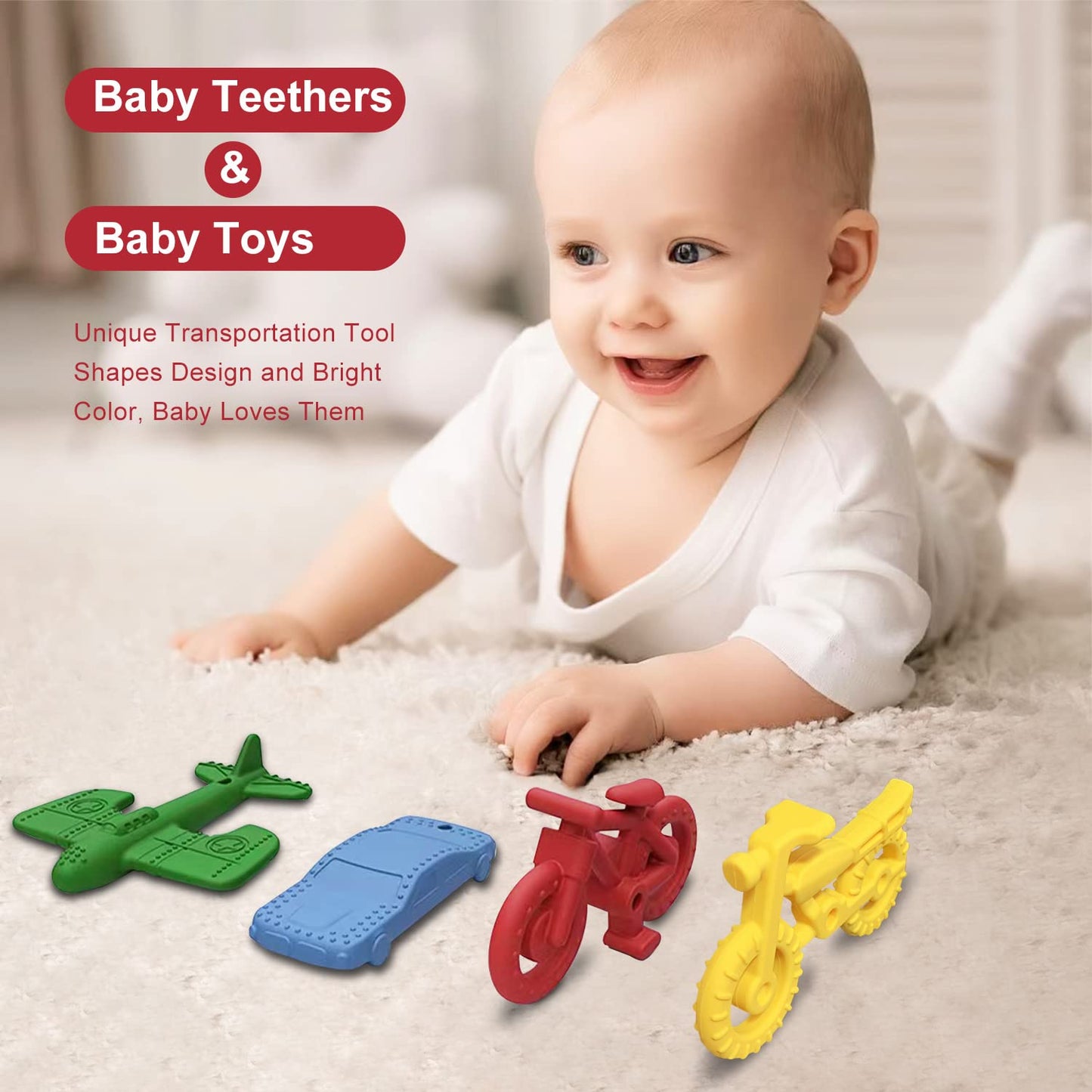 Teething Toys for Babies 6-12 Months 12-18 Months, Teether Toys, Baby Chew Toys, BPA Free Teething Toys, Baby Teether, Transportation Tools Shape Teethers, Baby Toys for Boys Girls (6 Pack)