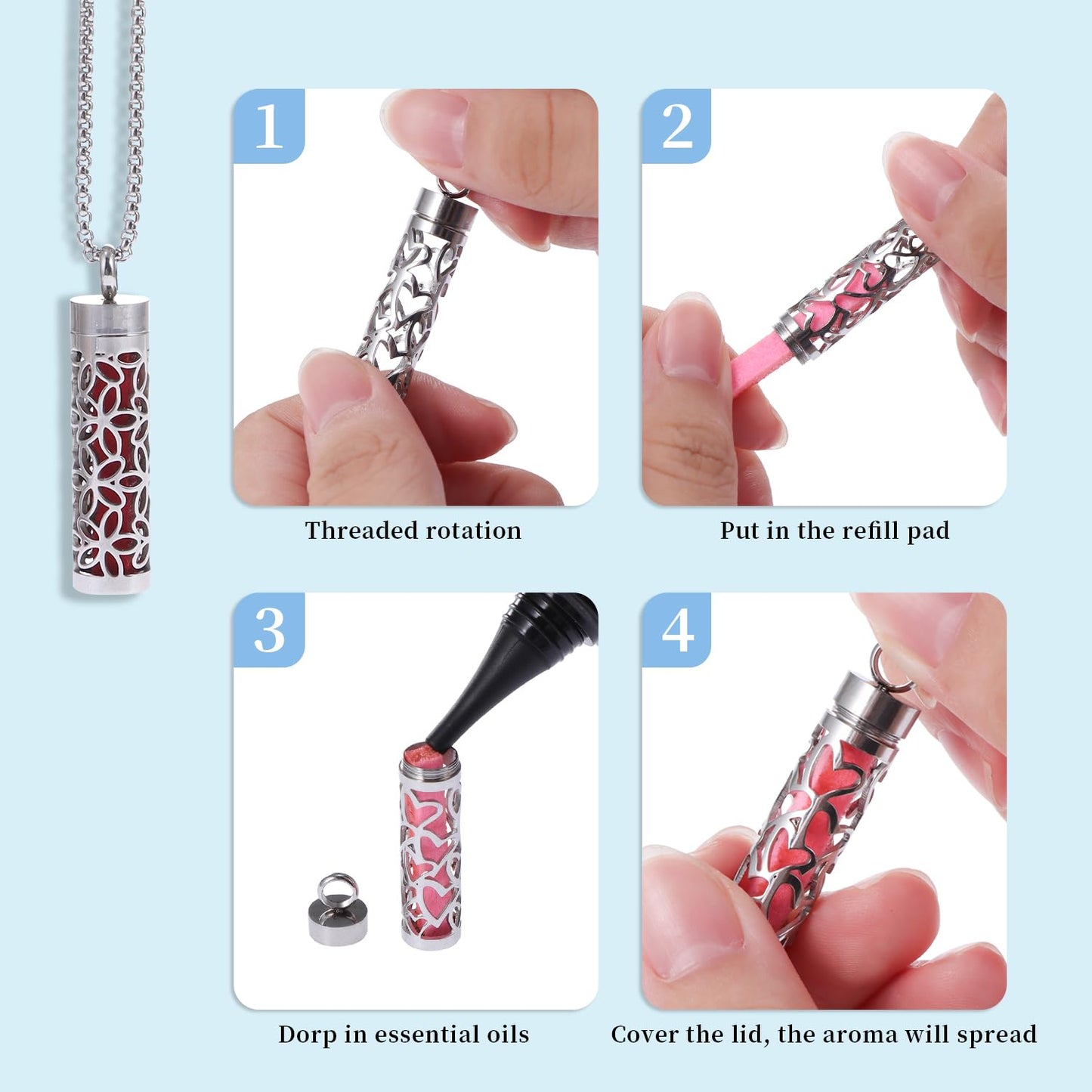 YWLI Essential Oil Diffuser Necklace, Aromatherapy Locket Pendant Necklace Stainless Steel Diffuser Necklace Pendant with 10 Pcs Refill Pads for Men Women (Fan Shape)
