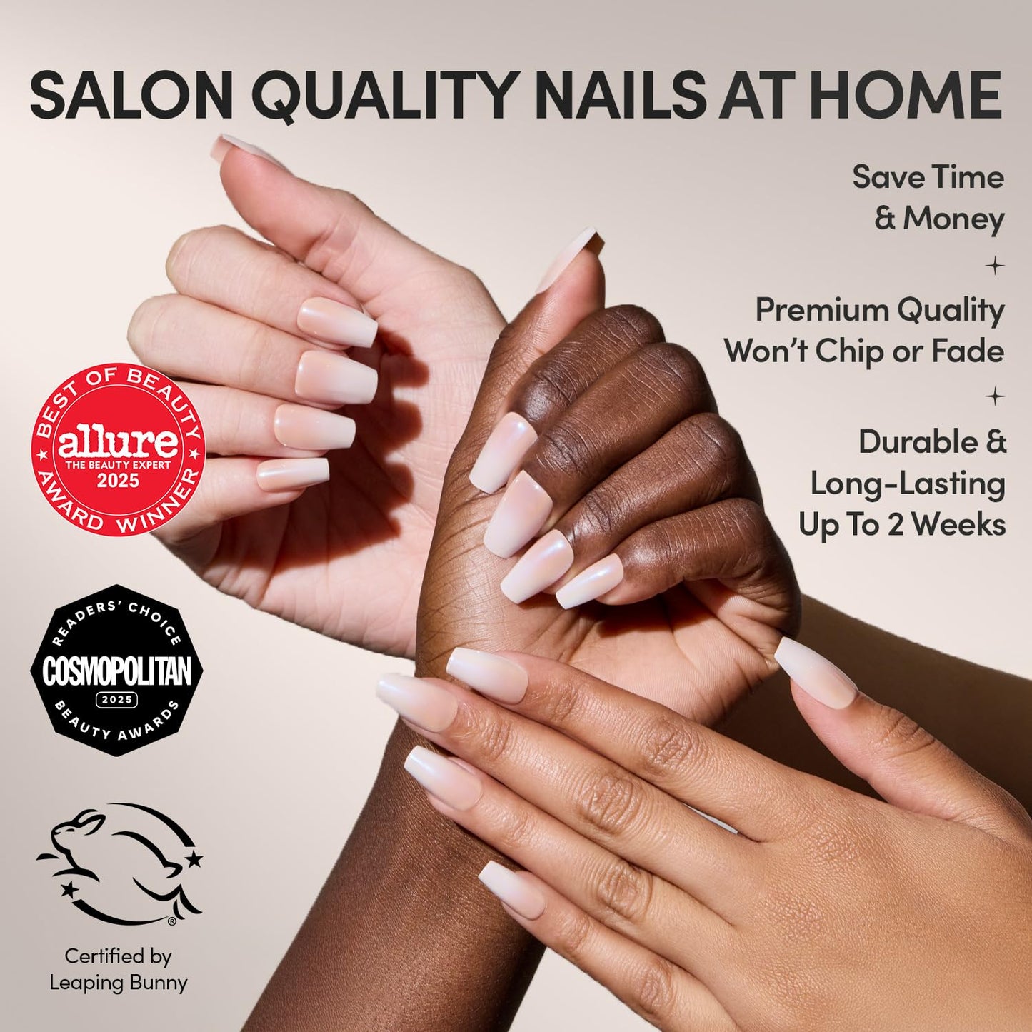 Glamnetic Press On Nails - Medium Coffin Fake Nails, Glazed Nude Ombré Nails, Delicate Touch | 15 Sizes - 30 Nail Kit with Glue | Gift for Mom