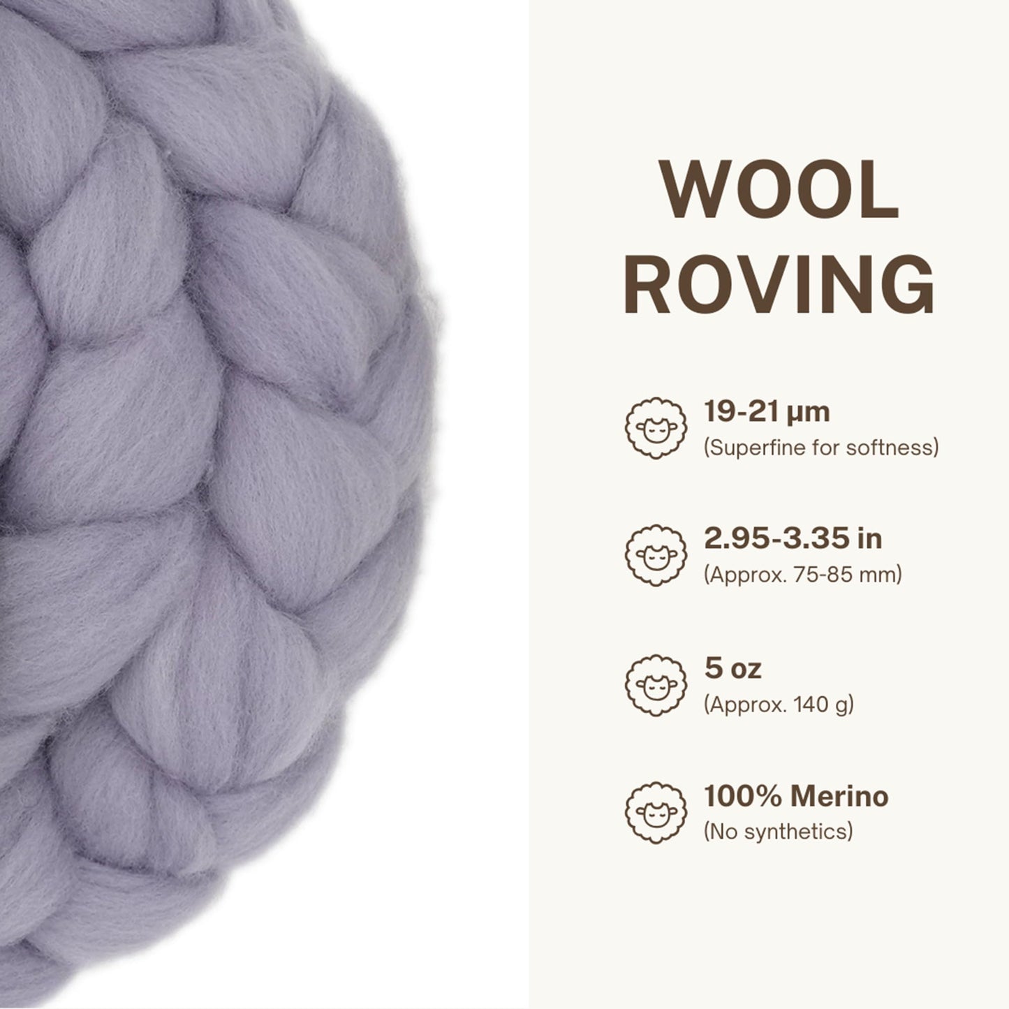 DICHA Merino Wool Roving – 5oz 100% Natural Wool Top for Felting, Spinning, Needle Felting, Wet Felting, DIY Crafts – Lavender Grey
