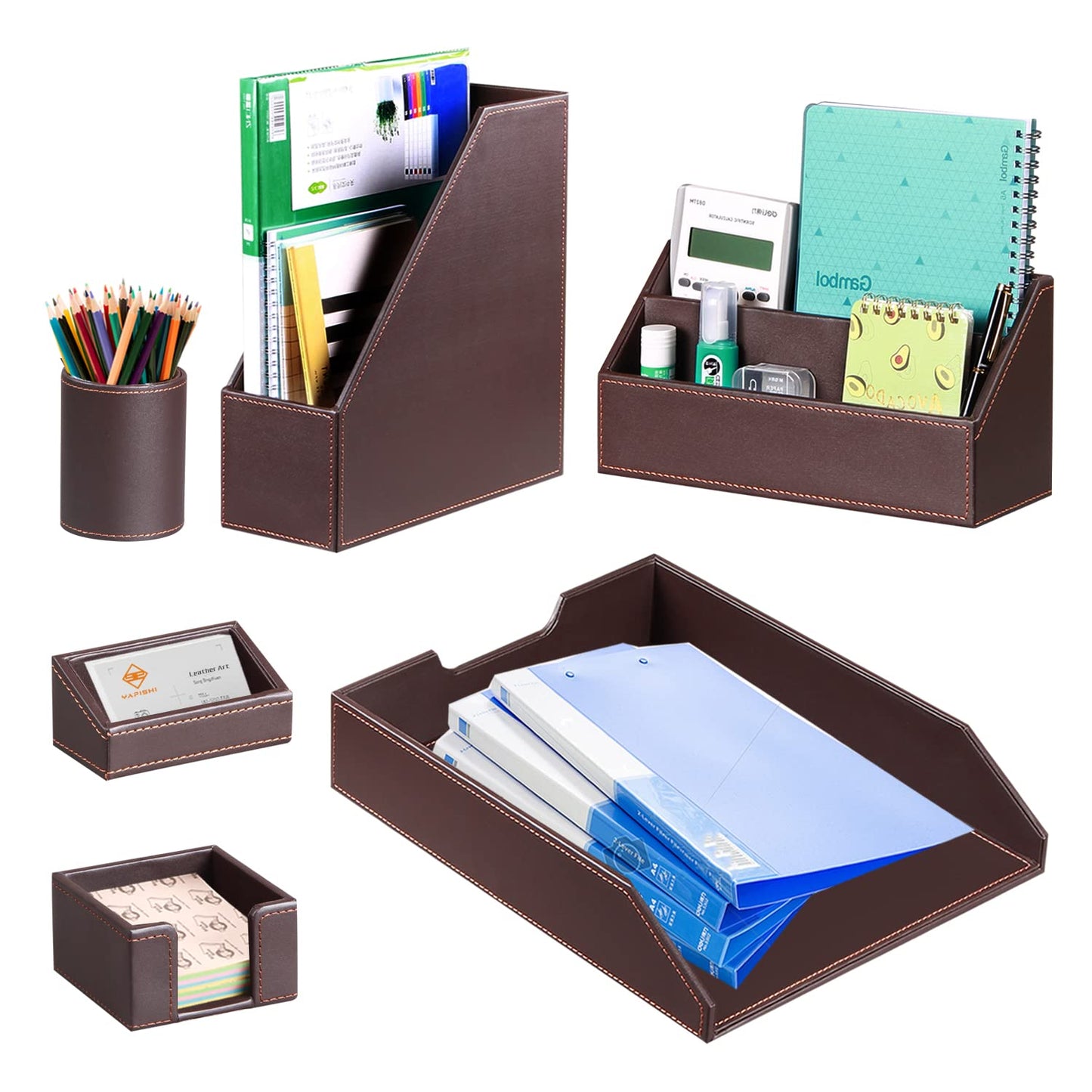Desk Accessories and Workspace Organizers, 6 PCS Office Supplies Organization Set- Pencil Cup, Business Card Holder, Sticky Note Dispenser, Mail Sorter, Letter Tray, Files Holder, Desktop Caddy