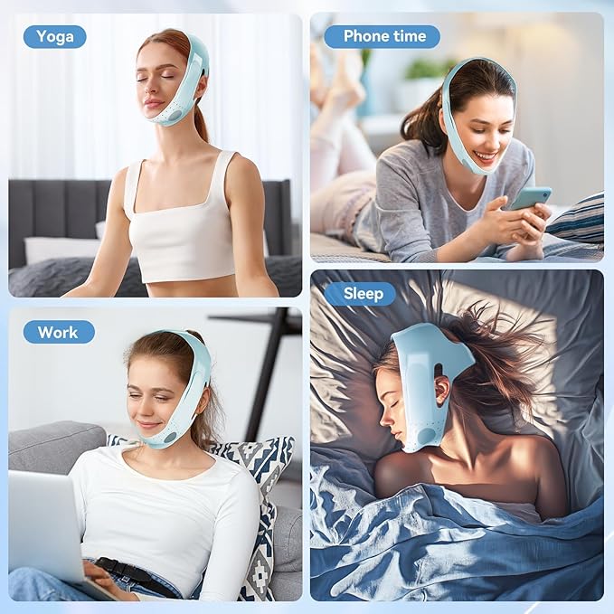 Chin Strap for Sleeping, Soft Silicone V-Line Lifting Mask, Reusable Face Lift for Women Men Anti Snoring Devices for Sleep Home Working Travel Yoga (Sky Blue)