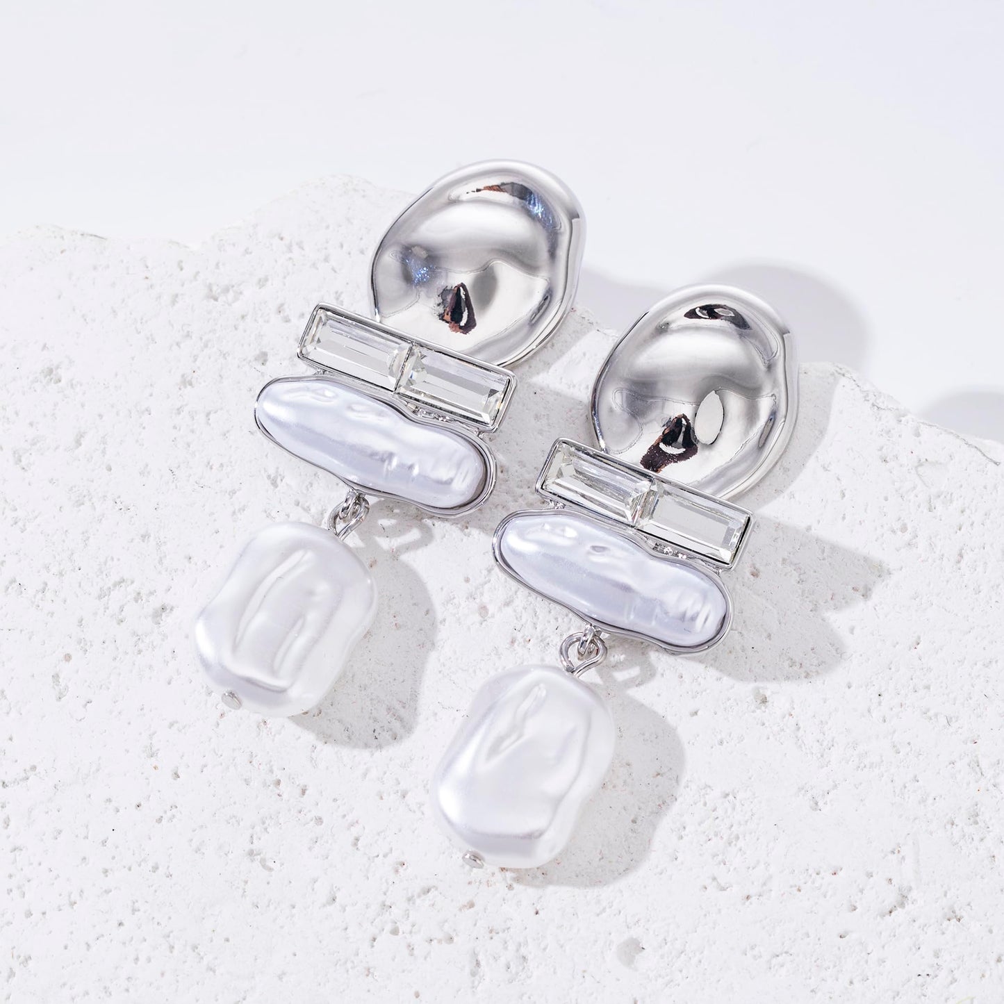 DONABUS Statement Pearl Dangle Earrings,large Pearls Vacation Earrings with Crystal,Party Jewelry Gift for Women (Silver tone)