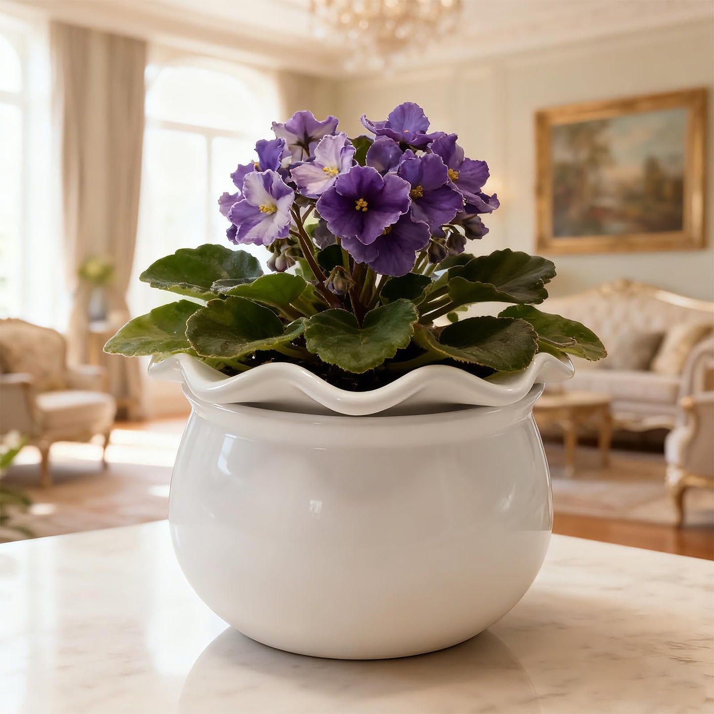 Sanmudecor Self Watering Planter Pot for African Violets, White Ceramic Indoor Plant Pot with Bottom Watering System, 7"