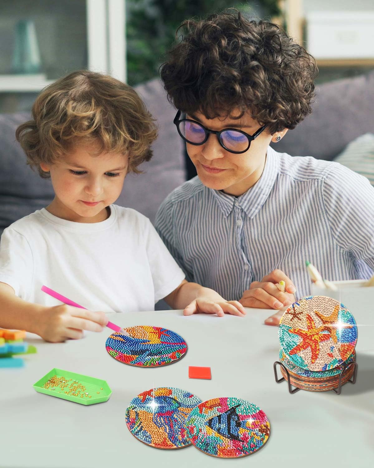 8 Pcs Diamond Art Painting Coaster Kit, DIY Small Gem Diamond Art Kits for Adults Women Beginners Kids, Diamond Dotz Kits Non Slip Coaster Craft Art Supplies (Ocean)