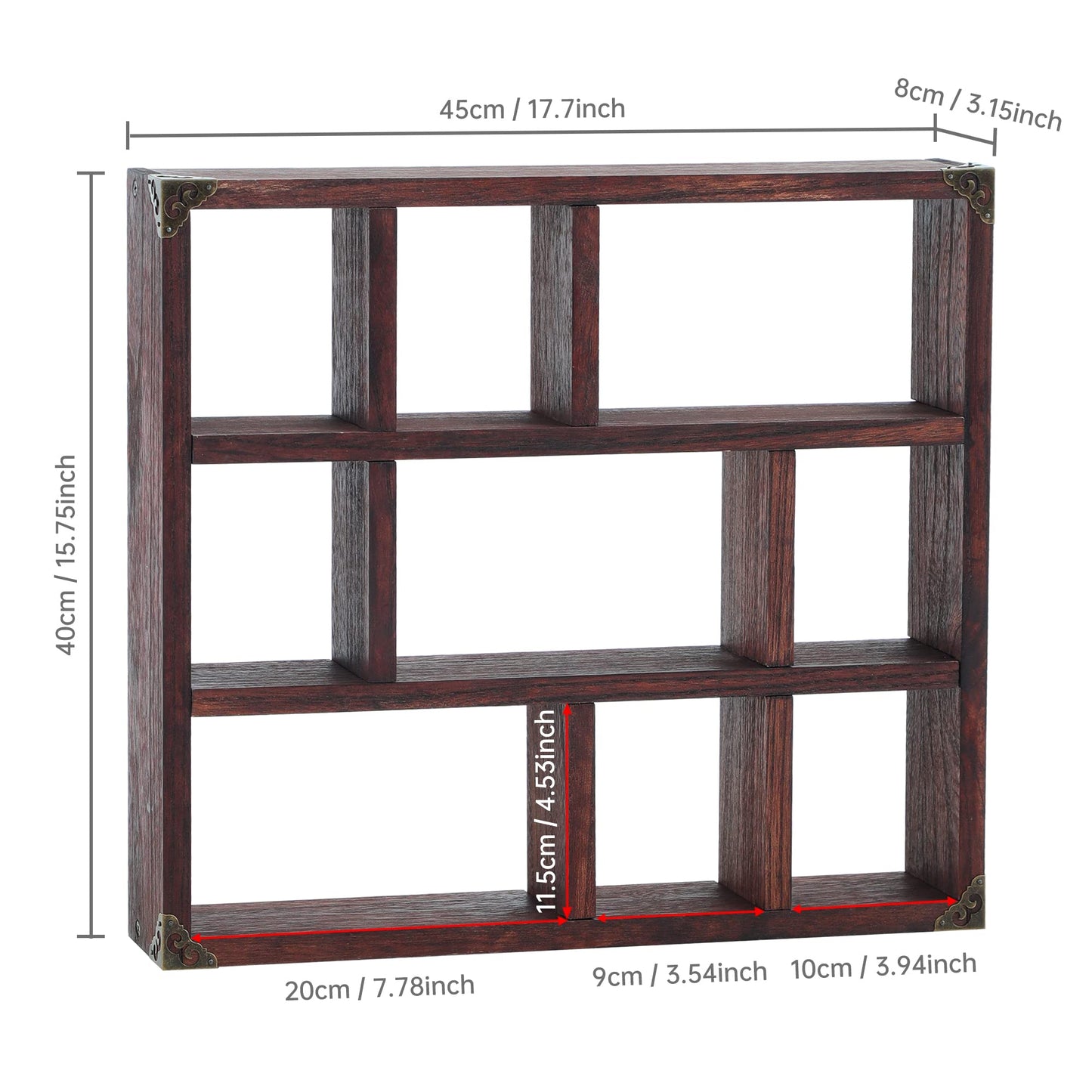 MITREL 17.7x15.7-Inch Shadow Box Shelf 9-Slot Rustic Floating Shelves Larger Wall Mounted Shelf Lightweight Solid Wood Display Shelf Freestanding Farmhouse(Set of 2,9C-Rustic Walnut)