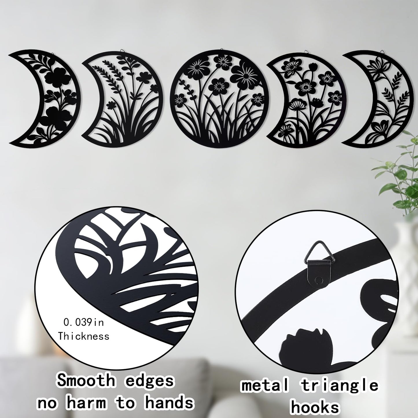 Larber 5PCS Black Metal Moon Phase Wall Hanging Decor 7.5–10 inch Moon Phase Wall Art with Floral & Herb Silhouettes Boho Lunar Aesthetic Art for Bedroom Gift Bathroom Restaurant Wall